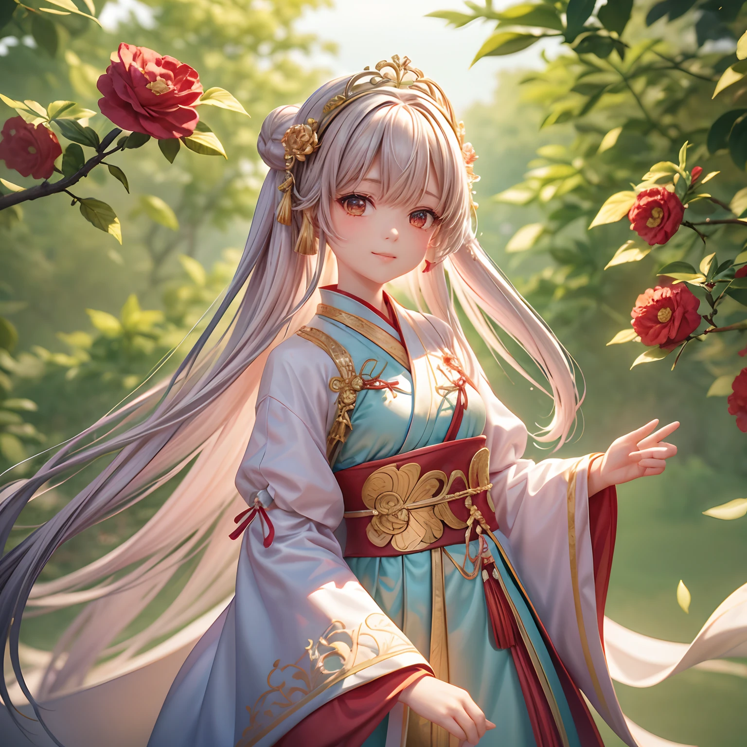 Movie Angle,(Cute girls,anatomy correct,full bodyesbian,Masterpiece camellia,Masterpiece Hanfu,ssmile),(illustratio,paper art,3Drenderingof),(plethora of colors,Best quality,high detal,tmasterpiece,Cinematic lighting effects,4K,Chiaroscuro)