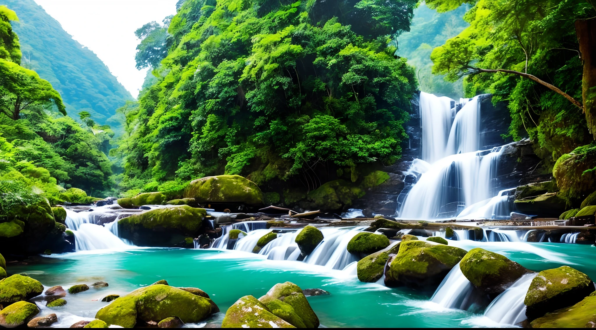 cascading waterfall,vibrant vegetation,majestic mountains in the distance,clean and clear water,frothy white water,lush greenery,diverse flora and fauna,towering trees,exotic flowers,glistening leaves,ray of sunlight peaking through the canopy,serene atmosphere,refreshing mist,fresh air,melody of birds chirping,rustling of leaves,tranquil setting,natural beauty,harmony between elements,soothing sound of flowing water,splashing droplets,peaceful escape,majestic scenery,serene oasis,unspoiled nature,hidden gem in the wilderness,pristine environment,wild and untouched landscape,emerald greenery,blissful retreat,vivid colors,abundant life,enchanted forest,great expanse of nature,peaceful respite,chance encounter with wildlife.