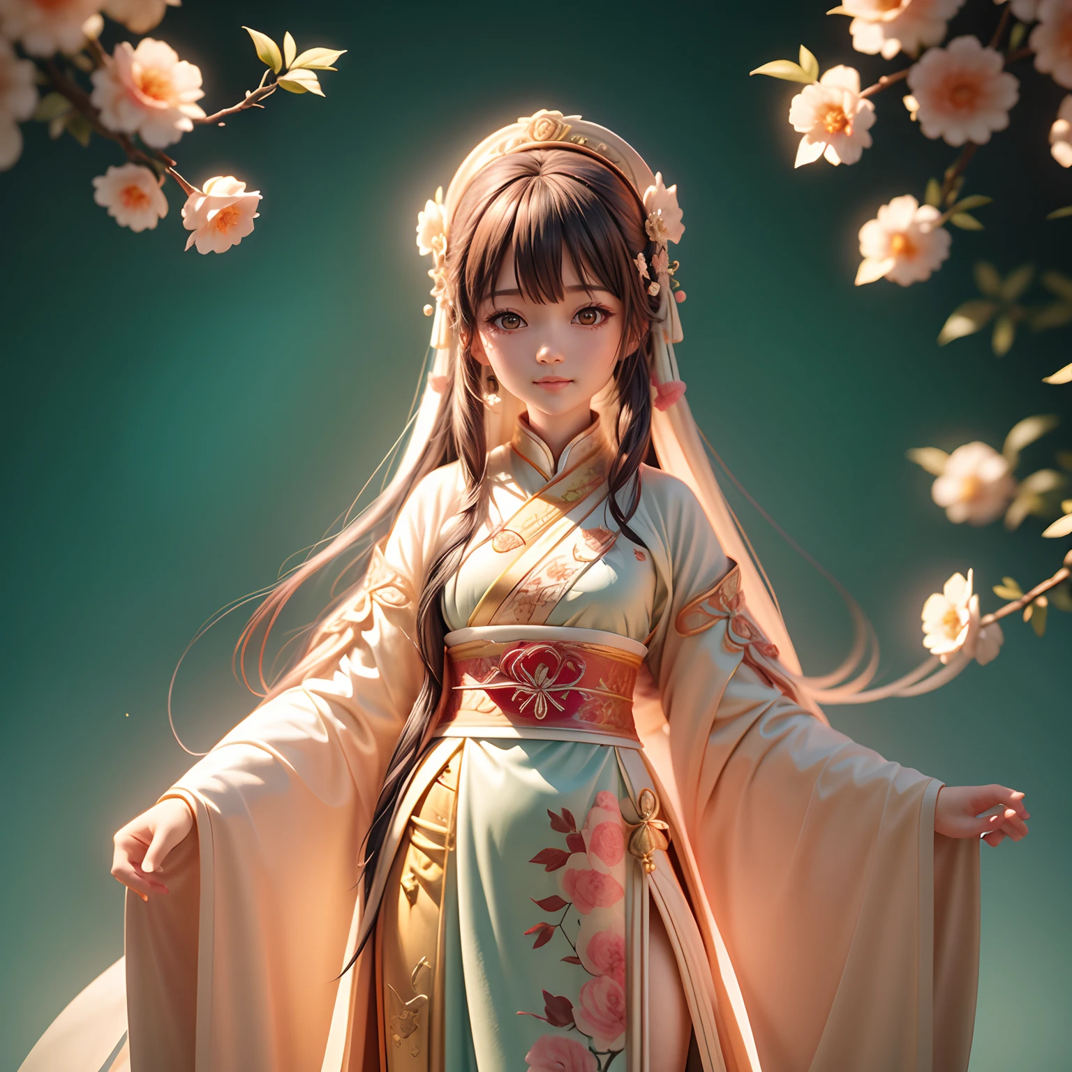 Angle,(Cute girls,anatomy correct,full bodyesbian,Masterpiece camellia,Masterpiece Hanfu,ssmile),(illustratio,paper art,3Drenderingof),(plethora of colors,Best quality,high detal,tmasterpiece,Cinematic lighting effects,4K,Chiaroscuro)