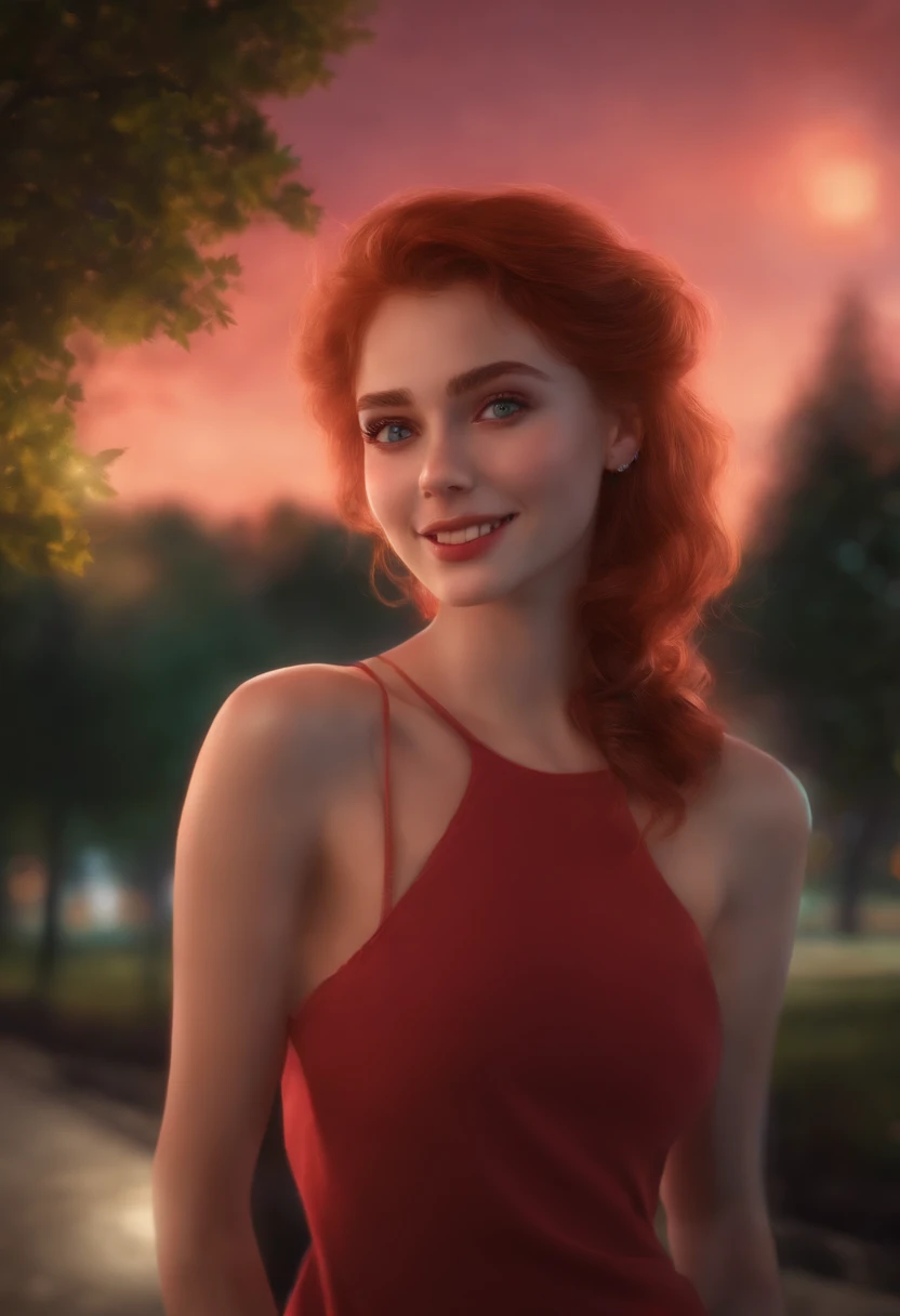 best quality, ultra high res, 1girl, solo, bareface, glowing eyes, red eyes, red hair, smile, sleeveless red button shirt, night, in the park, ((upper body)), ((puffy eyes)), (((looking at viewer))), ((closeup)),