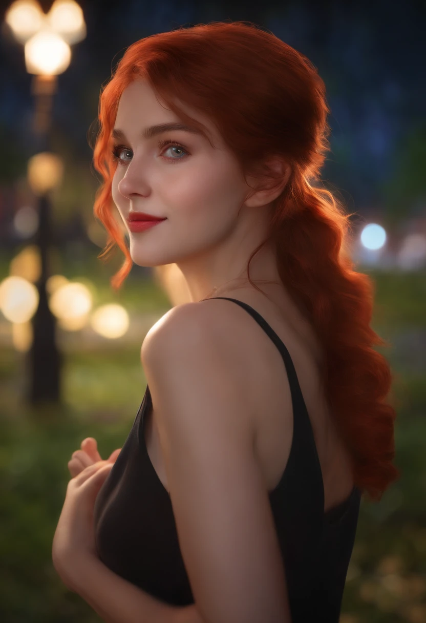 best quality, ultra high res, 1girl, solo, bareface, glowing eyes, red eyes, red hair, smile, sleeveless red button shirt, night, in the park, ((upper body)), ((puffy eyes)), (((looking at viewer))), ((closeup)),