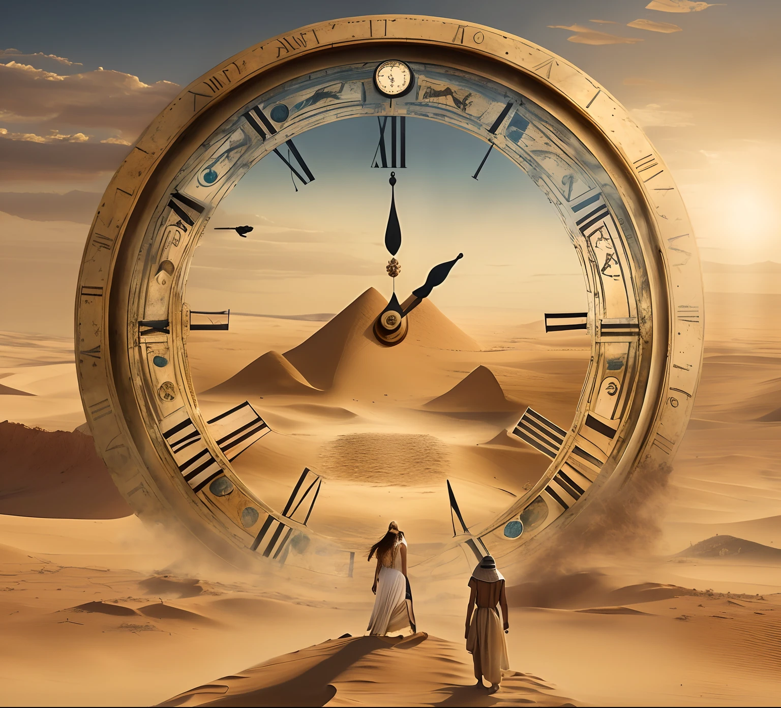 clock in the desert with two people walking towards it, the sands of time, time consumes us all, the passage of time, memory trapped in eternal time, travel in time, time is running out, time travel theme, time travel, time does not exist anymore, the passing of time, in search of lost time, traveling through time, time travelers