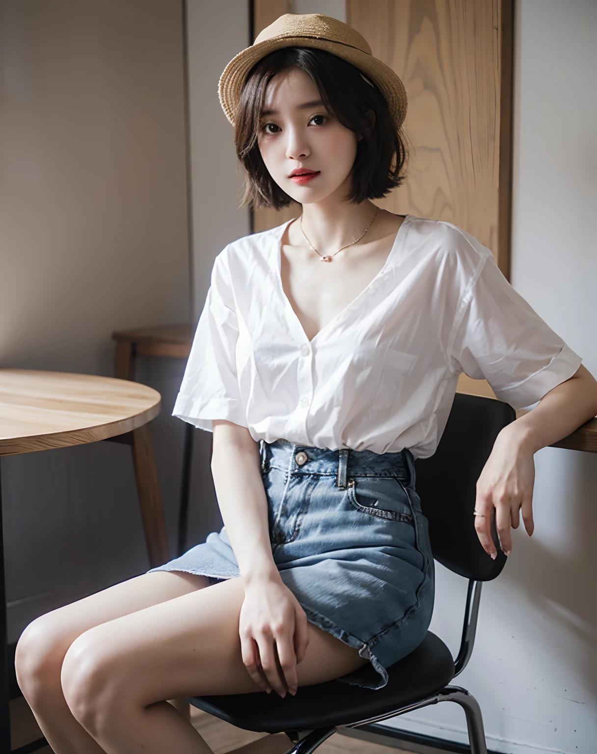 Summer barbecue、Woman sitting on chair wearing hat, fine white shirt, wearing a white button up shirt, in a white shirt, in a white shirt, Wearing a white shirt, wearing in shirt, Wearing a light shirt, digital art of an elegant, Wearing a blouse, wearing elegant casual clothes, Wearing a white blouse, White shirt、Denim miniskirt、Small bust、short-hair、a necklace、耳Nipple Ring