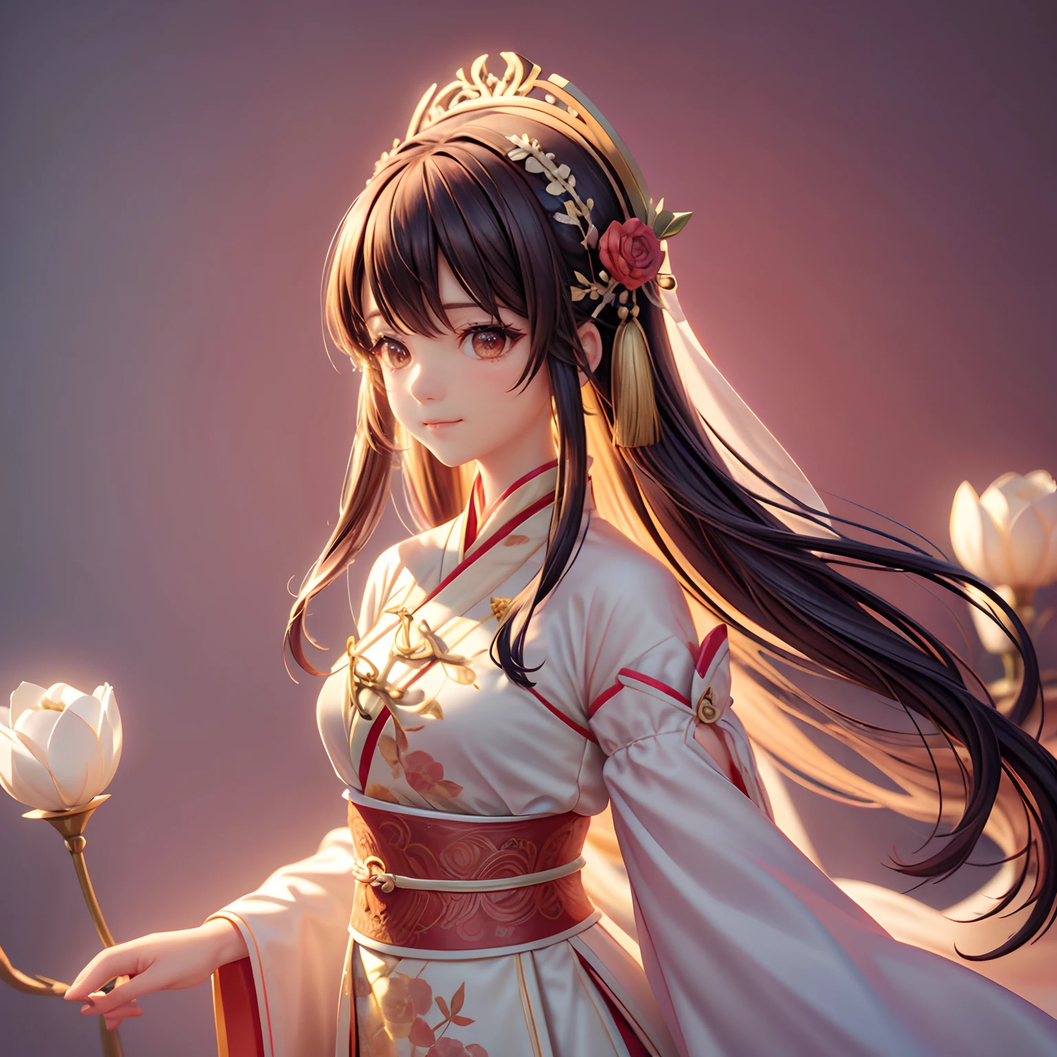 Movie Angle，（Cute girls，anatomy correct，full bodyesbian，Masterpiece camellia，Masterpiece Hanfu，ssmile），（illustratio，paper art，3Drenderingof），（plethora of colors，Best quality，high detal，tmasterpiece，Cinematic lighting effects，4K，Chiaroscuro）