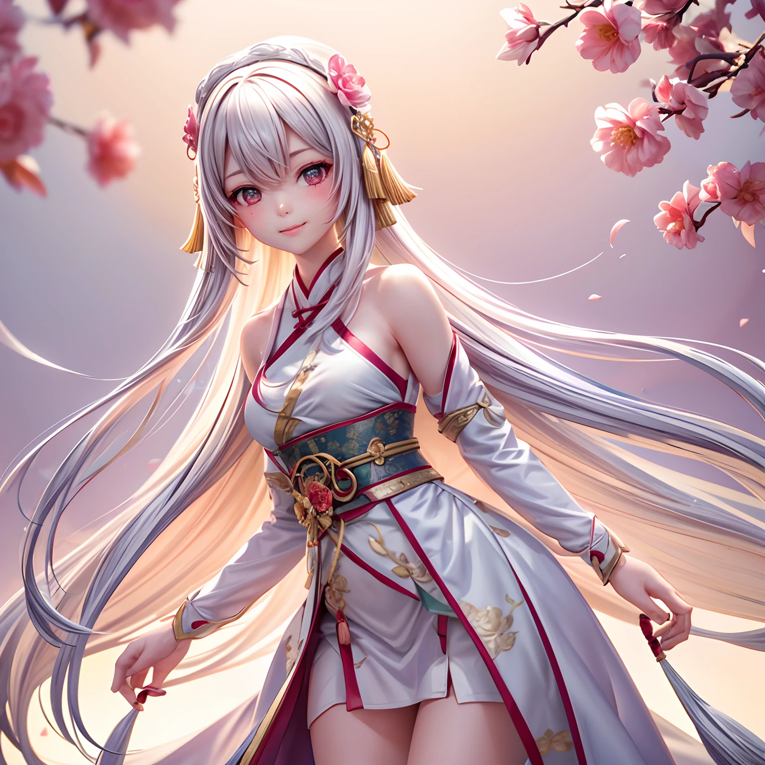 Movie Angle,(Cute girls,anatomy correct,full bodyesbian,Masterpiece camellia,Masterpiece Hanfu,ssmile),(illustratio,paper art,3Drenderingof),(plethora of colors,Best quality,high detal,tmasterpiece,Cinematic lighting effects,4K,Chiaroscuro)