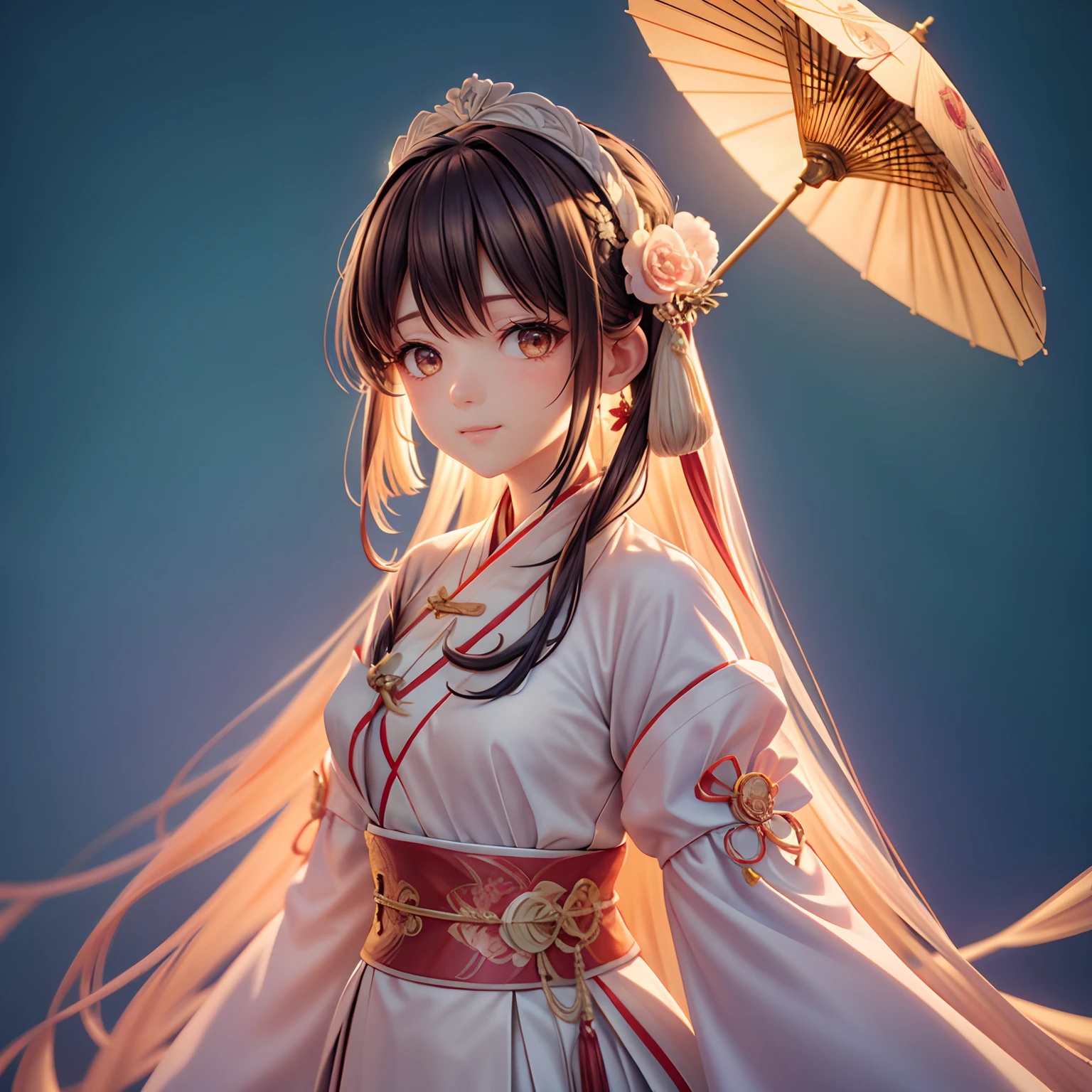 Movie Angle，（Cute girls，anatomy correct，full bodyesbian，Masterpiece camellia，Masterpiece Hanfu，ssmile），（illustratio，paper art，3Drenderingof），（plethora of colors，Best quality，high detal，tmasterpiece，Cinematic lighting effects，4K，Chiaroscuro）