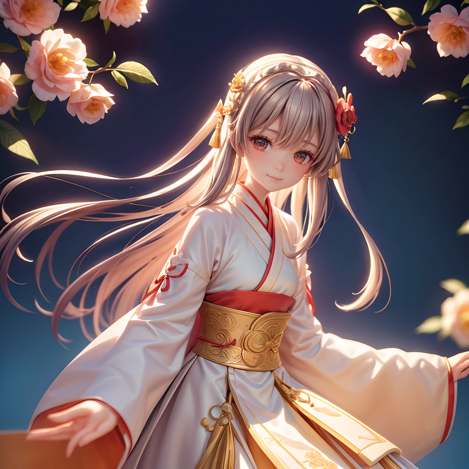 Movie Angle，（Cute girls，anatomy correct，full bodyesbian，Masterpiece camellia，Masterpiece Hanfu，ssmile），（illustratio，paper art，3Drenderingof），（plethora of colors，Best quality，high detal，tmasterpiece，Cinematic lighting effects，4K，Chiaroscuro）