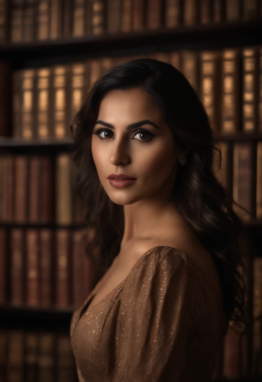 Rosita Lasari, (8k), (photorealistic:1.4),best quality, ultra high res, highly detailed eyes, 1girl, in library, sexy pose, cleavage cutout, fine cloth