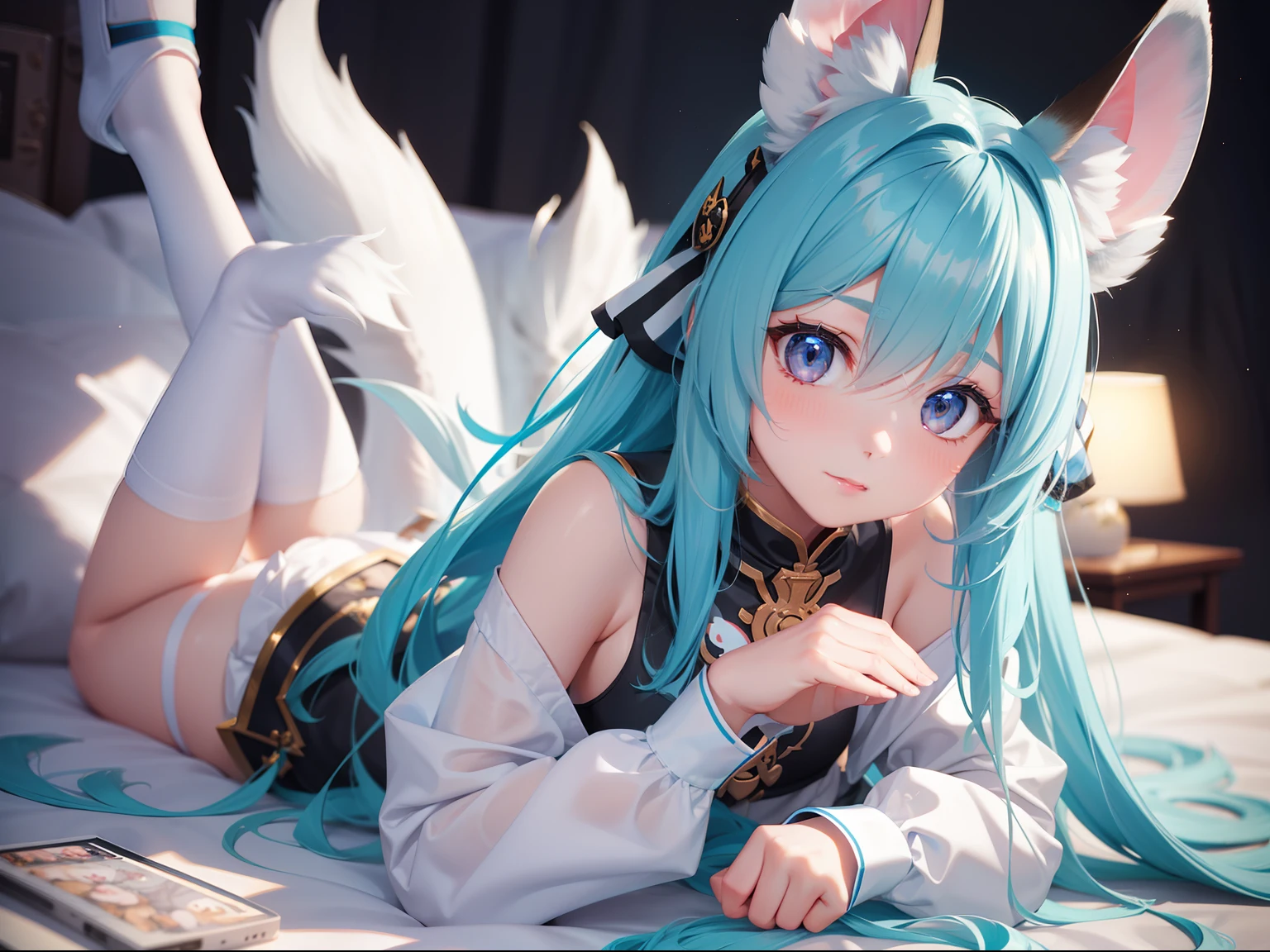 White-eared long-eared rabbit、I'm with a girl with long blue hair and a chibi character。It is a cute costume in white and blue。Dark eyes。Adorable Digital Painting, cute detailed digital art, the squirrel king, Cute digital art, cute cartoon characters, cute character, CuteCreatures, Cutie, official illustrations, Official art, squirrel, maplestory mouse, astri lohne,  cute 3d render