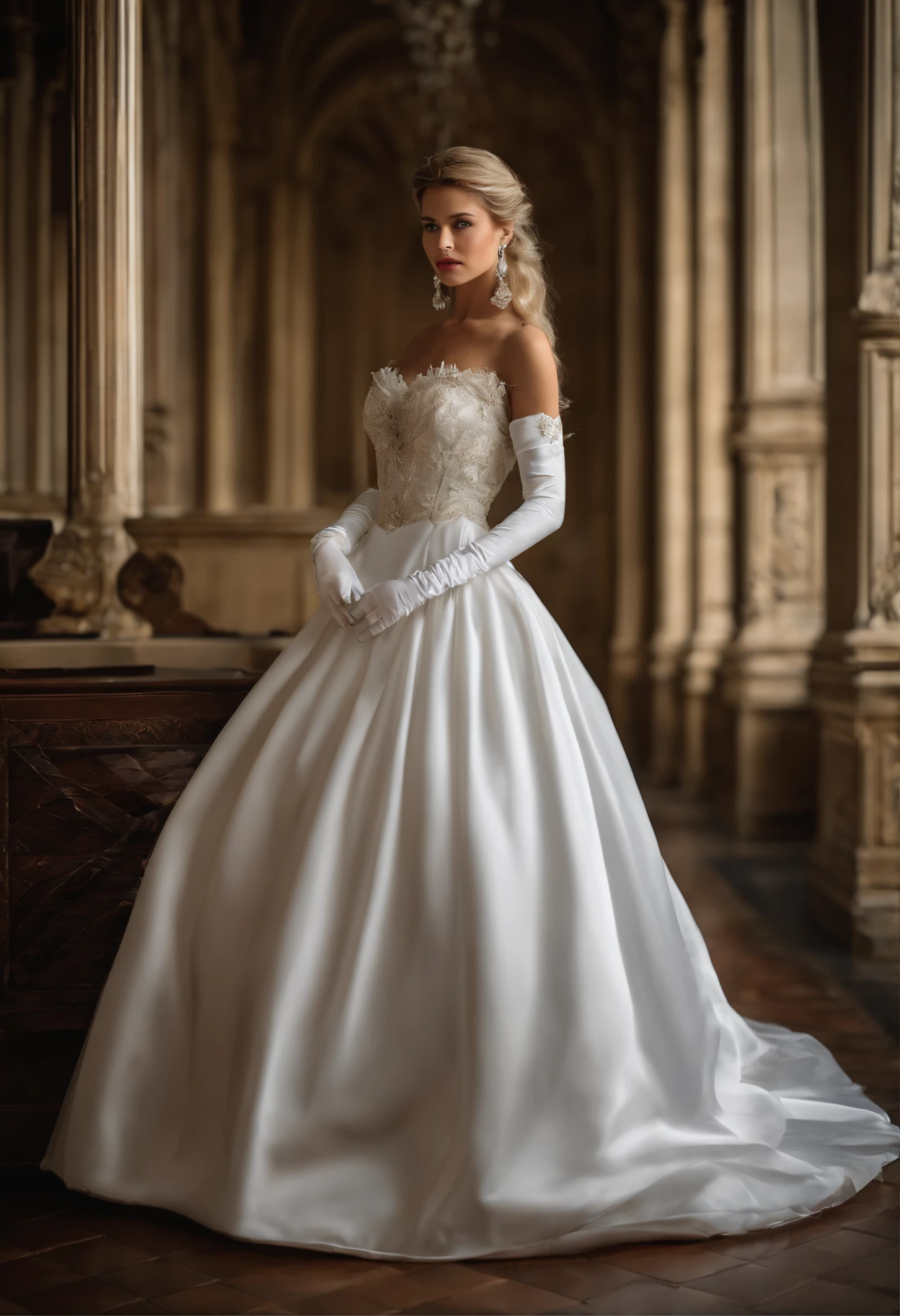 Best quality, Masterpiece, The noble queen wore a solemn and exquisite royal wedding dress in white satin tulle,Wear extra-long white gloves,Decorated with a huge ribbon bow, Lace, frilld, Woven pleats, Embroidery and jewelry, With large puff sleeves, Hourglass waist and voluminous Crinoline hoop skirt, bustle, and trains, white long gloves, pearl necklace and earrings, Long, Straight blonde hair hung loosely