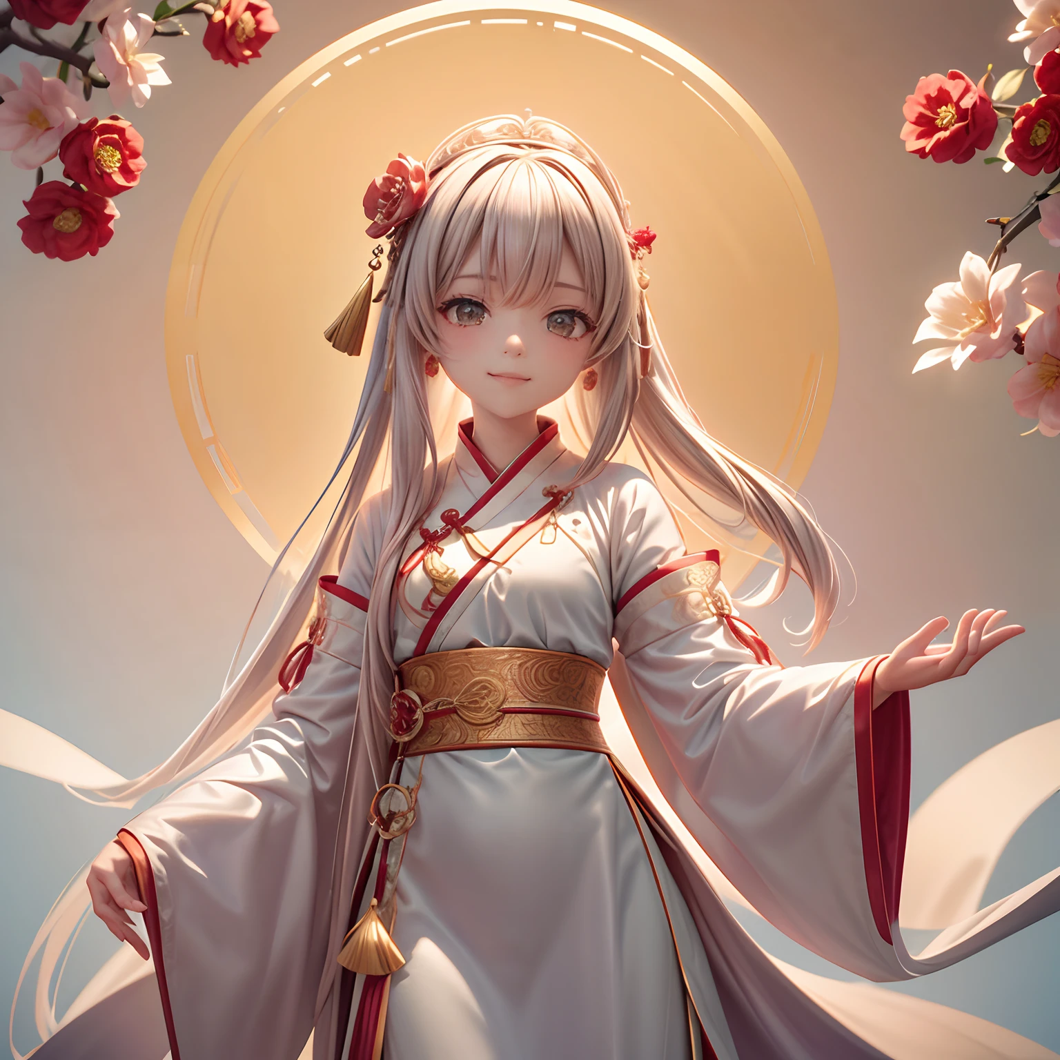 Movie Angle,(Cute girls,anatomy correct,full bodyesbian,Masterpiece camellia,Masterpiece Hanfu,ssmile),(illustratio,paper art,3Drenderingof),(plethora of colors,Best quality,high detal,tmasterpiece,Cinematic lighting effects,4K,Chiaroscuro)