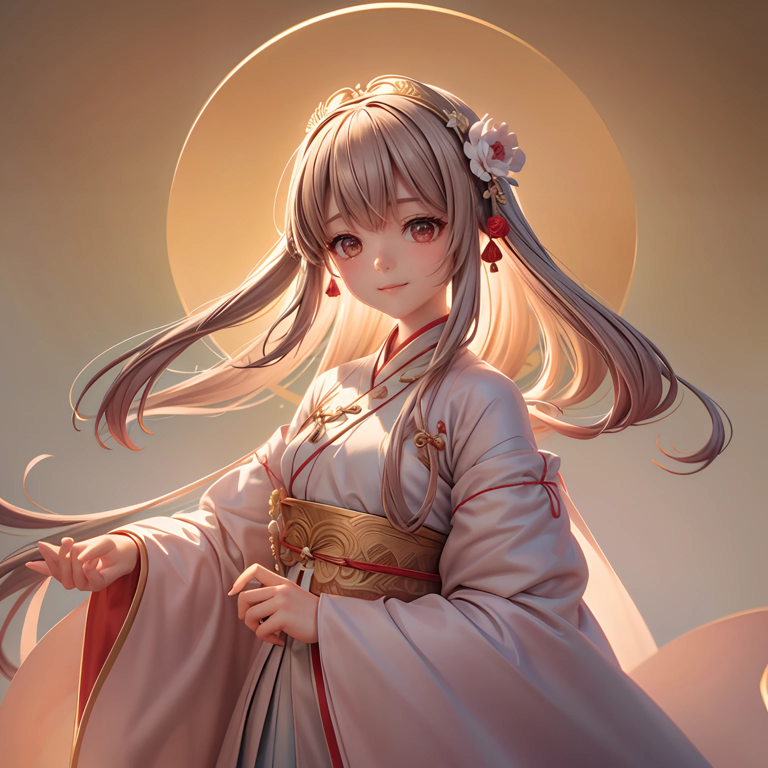 Movie Angle，（Cute girls，anatomy correct，full bodyesbian，Masterpiece camellia，Masterpiece Hanfu，ssmile），（illustratio，paper art，3Drenderingof），（plethora of colors，Best quality，high detal，tmasterpiece，Cinematic lighting effects，4K，Chiaroscuro）