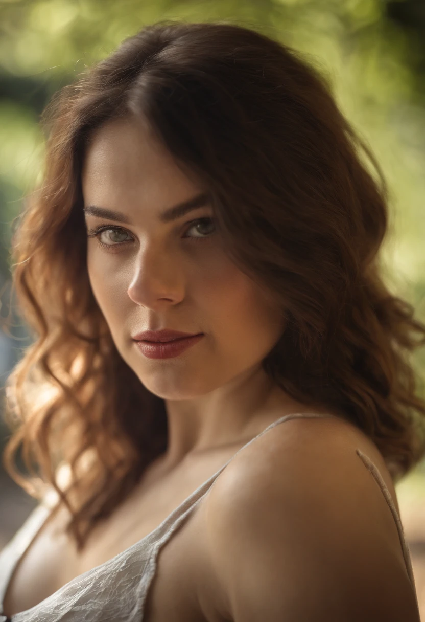 best quality, ultra high res, 1girl, solo, bareface, glowing eyes, red eyes, red hair, smile, sleeveless red button shirt, night, in the park, ((upper body)), ((puffy eyes)), (((looking at viewer))), ((closeup)),
