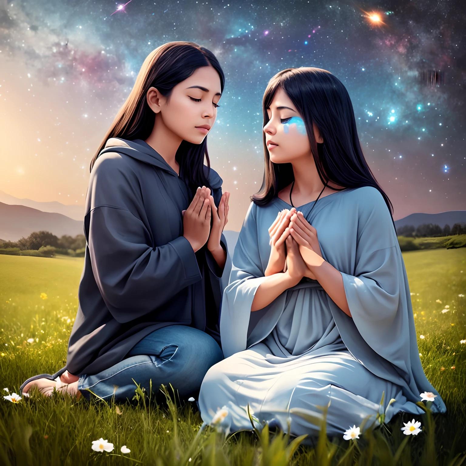 A person in prayer and in tune with God in the grass and with the sky full of galaxies image in 4k and realistic
