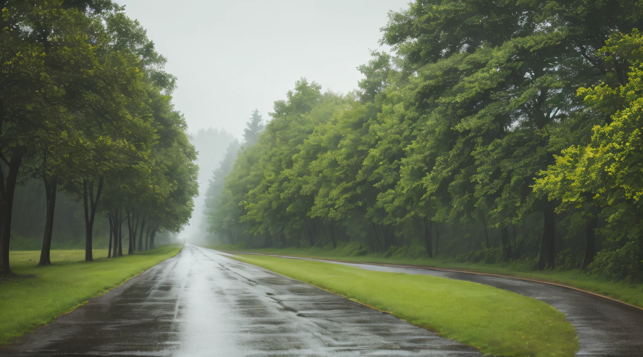 (best quality,4k,8k,highres,masterpiece:1.2),ultra-detailed,(realistic,photorealistic,photo-realistic:1.37),rainy ground,damp gravel road surface,calm atmosphere,raindrops gently falling,soft mist in the air,subtle reflections on the wet surface,slight ripple effect on puddles,overcast sky,moody lighting,cool color tones,shades of gray and blue,soft and diffuse shadows,quiet and peaceful scene,lonely tree on the side,paved path leading into the distance,lush greenery along the road,subtle hint of autumn foliage,droplets clinging to leaves and branches,wet petals on delicate flowers,gentle breeze rustling the leaves,wear marks and tire tracks on the road,fresh smell of rain,serene and tranquil mood,minimalistic composition,simple and elegant aesthetics,subdued and subdued colors,endless depth and texture,blend of realism and painterly elements.