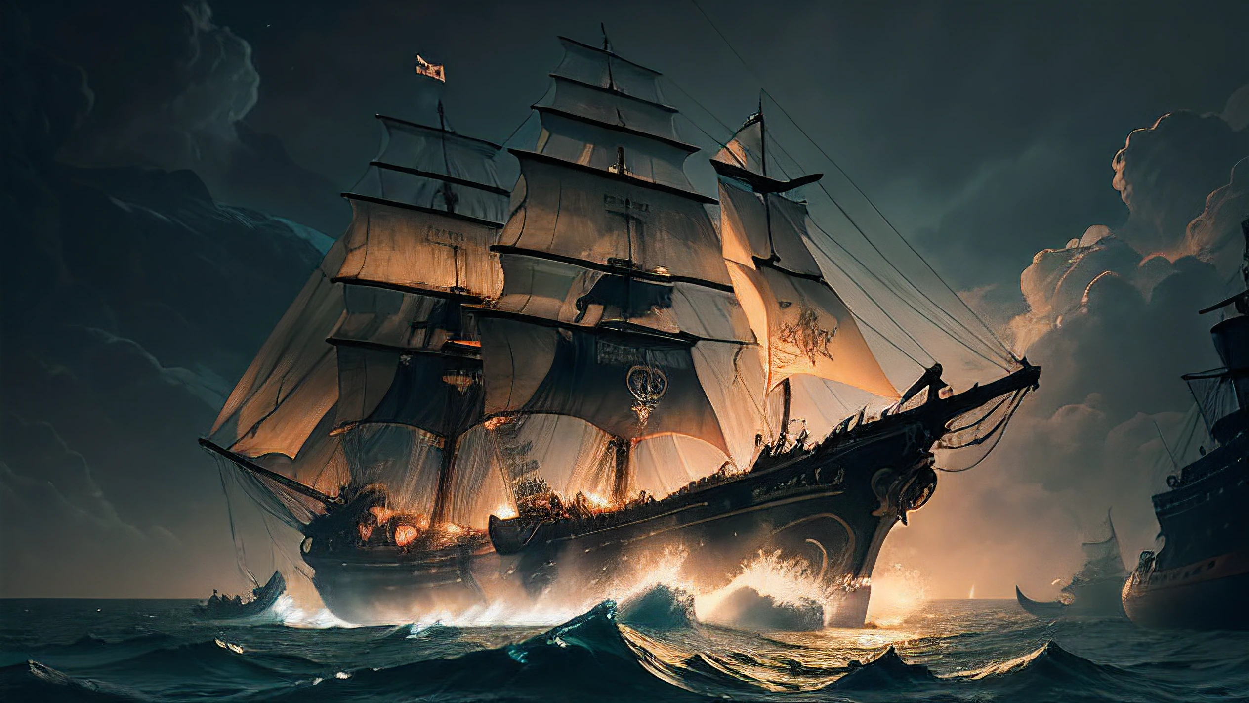 there is a man standing in the water looking at a ship, a ship lost in a storm, gothic ship on ocean, pirate ships at war at night, old pirate ship, background artwork, on a pirate ship background, dramatic nautical scene, a ship on a deserted island, dark but detailed digital art, ship at sea, an ominous fantasy illustration, dramatic concept art