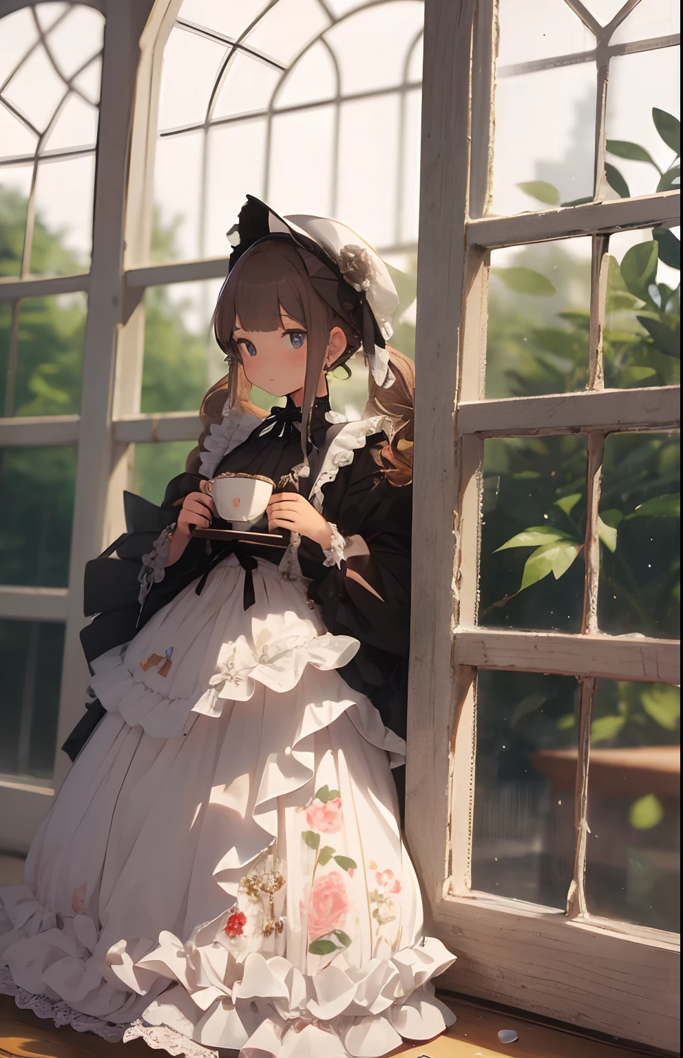 absurdres , highres, ultra detailed, (girls in diorama:1.4), dollhouse view, miniature, BREAK, maximalism, victorian glass house, victorian dress, floral print, tea party, BREAK, --auto --s2