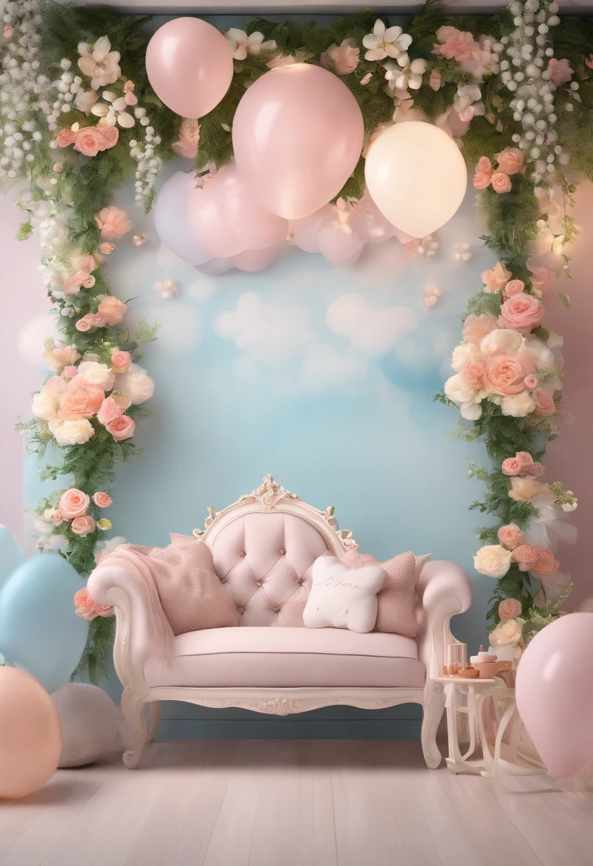 (best quality, 4k, highres, masterpiece:1.2), ultra-detailed, realistic:1.37, baby shower backdrop, vivid colors, professional lighting, delicate pastel hues, soft and dreamy atmosphere, adorable themed decorations, cute and whimsical patterns, happy and joyful celebration, fluffy clouds and floating balloons, beautiful flowers and greenery, comfortable seating area, cozy and warm lighting, an inviting and magical ambiance, memories and laughter, pure bliss
