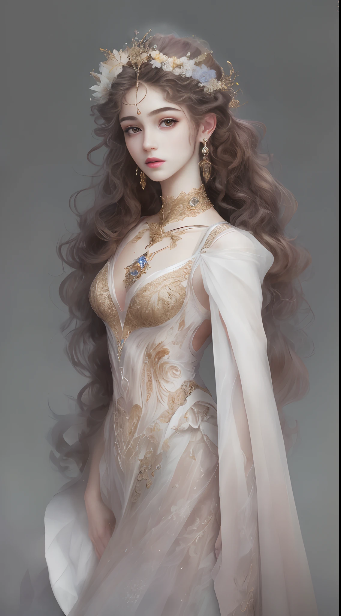 (Best quality, 4K, 8K, A high resolution, Masterpiece:1.2), Ultra-detailed, Realistic portrait of the upper body of an 18 year old aristocratic girl, Exquisite facial features，Clear and shiny eyes，Long curly hair details expressed, The posture is leisurely and natural，Graceful posture, The golden ratio of the head and body，Dreamy atmosphere, expressive brush strokes, mystical ambiance, Artistic interpretation,Delicately coiled hair，Floral filigree crystal diamond jewelry，Ultra-extreme detail，Exquisite details，Fresh aesthetics，Stunning intricate costumes, Fantasy illustration, Subtle colors and tones, mystical aura,The details have been upgraded