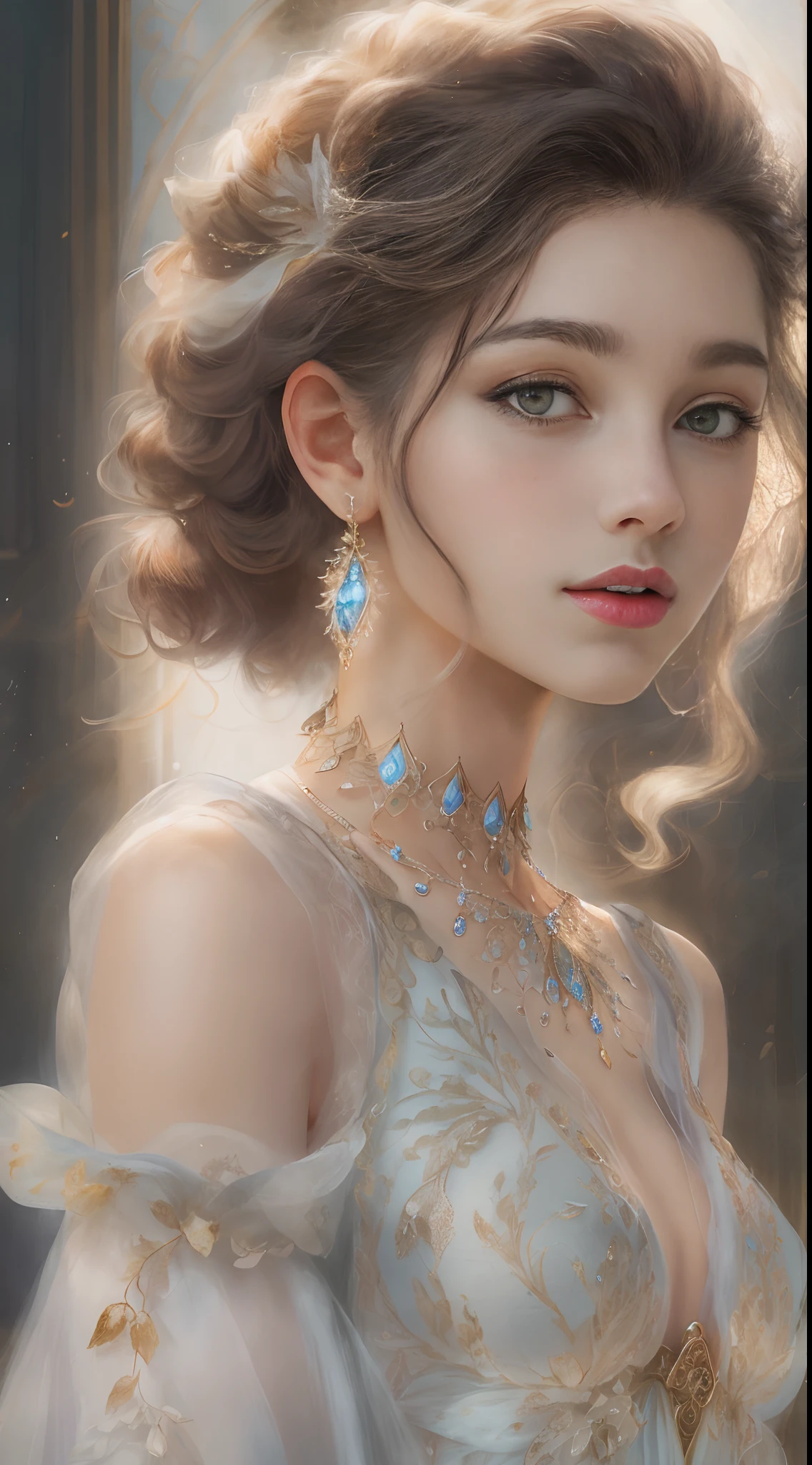 (Best quality, 4K, 8K, A high resolution, Masterpiece:1.2), Ultra-detailed, Realistic portrait of the upper body of an 18 year old aristocratic girl, Exquisite facial features，Clear and shiny eyes，Long curly hair details expressed, The posture is leisurely and natural，Graceful posture, The golden ratio of the head and body，Dreamy atmosphere, expressive brush strokes, mystical ambiance, Artistic interpretation,Delicately coiled hair，Floral filigree crystal diamond jewelry，Ultra-extreme detail，Exquisite details，Fresh aesthetics，Stunning intricate costumes, Fantasy illustration, Subtle colors and tones, mystical aura,The details have been upgraded