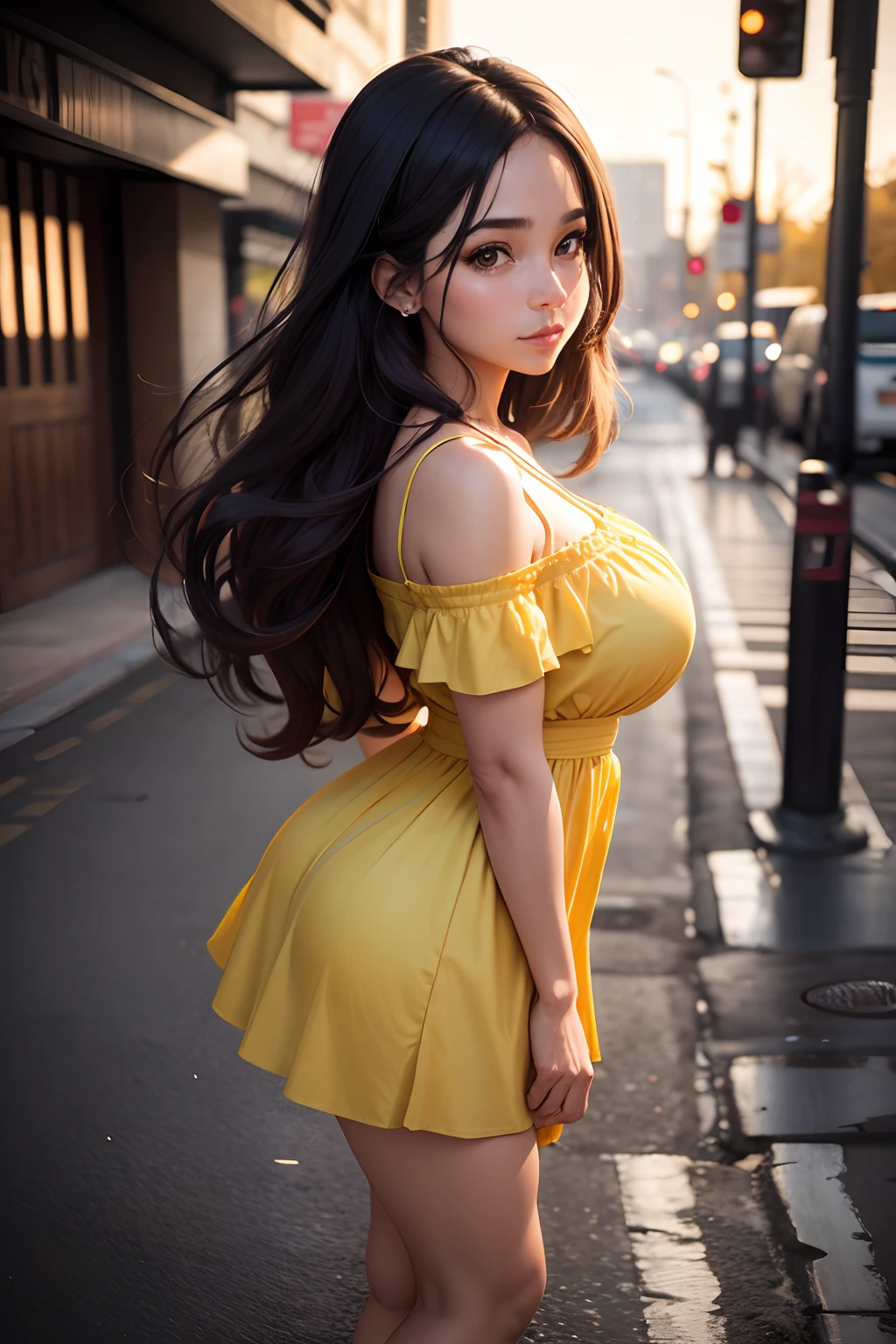 30-year-old girl, will be full body profile, ojos delineados, sonriente, rostro super maquillado, cabello muy largo lacio, She will wear a fitted short yellow dress, Cintura delgada, pechos muy grandes saltones, enorme cadera, nalgas. muy grande, ombligo, will be in the underground