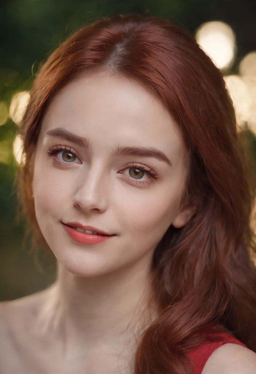best quality, ultra high res, 1girl, solo, bareface, glowing eyes, red eyes, red hair, smile, sleeveless red button shirt, night, in the park, ((upper body)), ((puffy eyes)), (((looking at viewer))), ((closeup)),