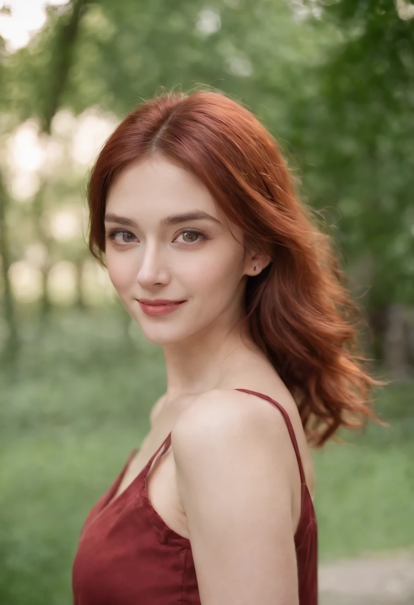 best quality, ultra high res, 1girl, solo, bareface, glowing eyes, red eyes, red hair, smile, sleeveless red button shirt, night, in the park, ((upper body)), ((puffy eyes)), (((looking at viewer))), ((closeup)),