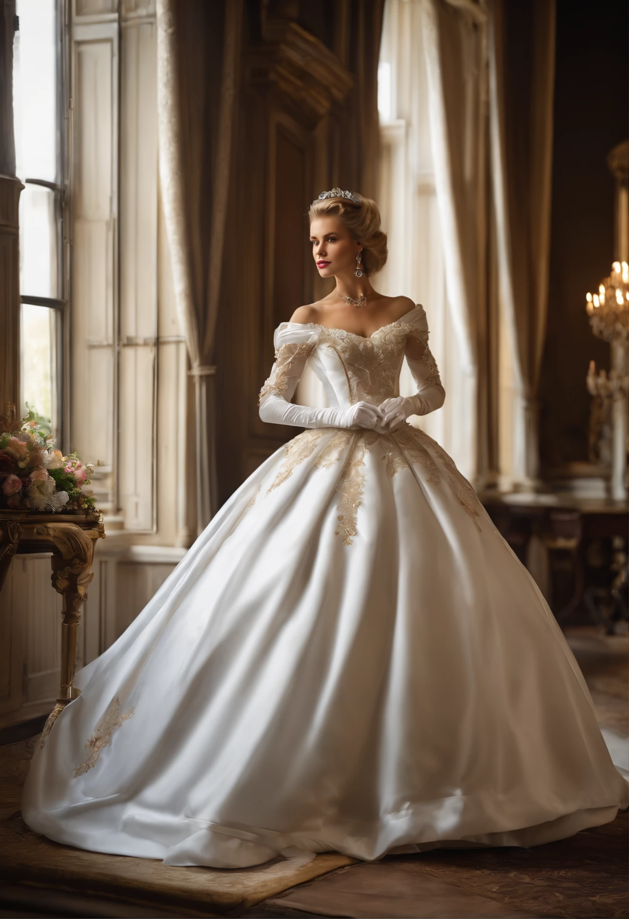 Best quality, Masterpiece, The noble queen wears a stately and exquisite royal wedding dress in white satin tulle,Wear extra-long white gloves,Decorated with a huge ribbon bow, Lace, frilld, Woven pleats, Embroidery and jewelry, With large puff sleeves, Hourglass waist and voluminous Crinoline hoop skirt, bustle, and trains, white long gloves, pearl necklace and earrings, Long, Straight blonde hair hung loosely