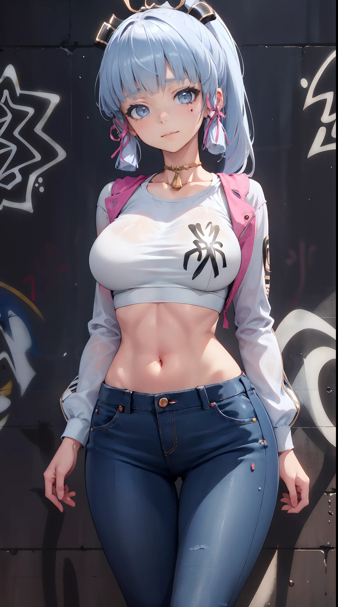 kamisato ayaka|genshin impact, master-piece, bestquality, 1girls,25 years old, Body proportion, crop top, Long Jeans, oversized breasts, ,bara, crop top, shorts jeans, choker, (Graffiti:1.5), Splash with purple lightning pattern., arm behind back, against wall, View viewers from the front., Thigh strap, Head tilt, bored,