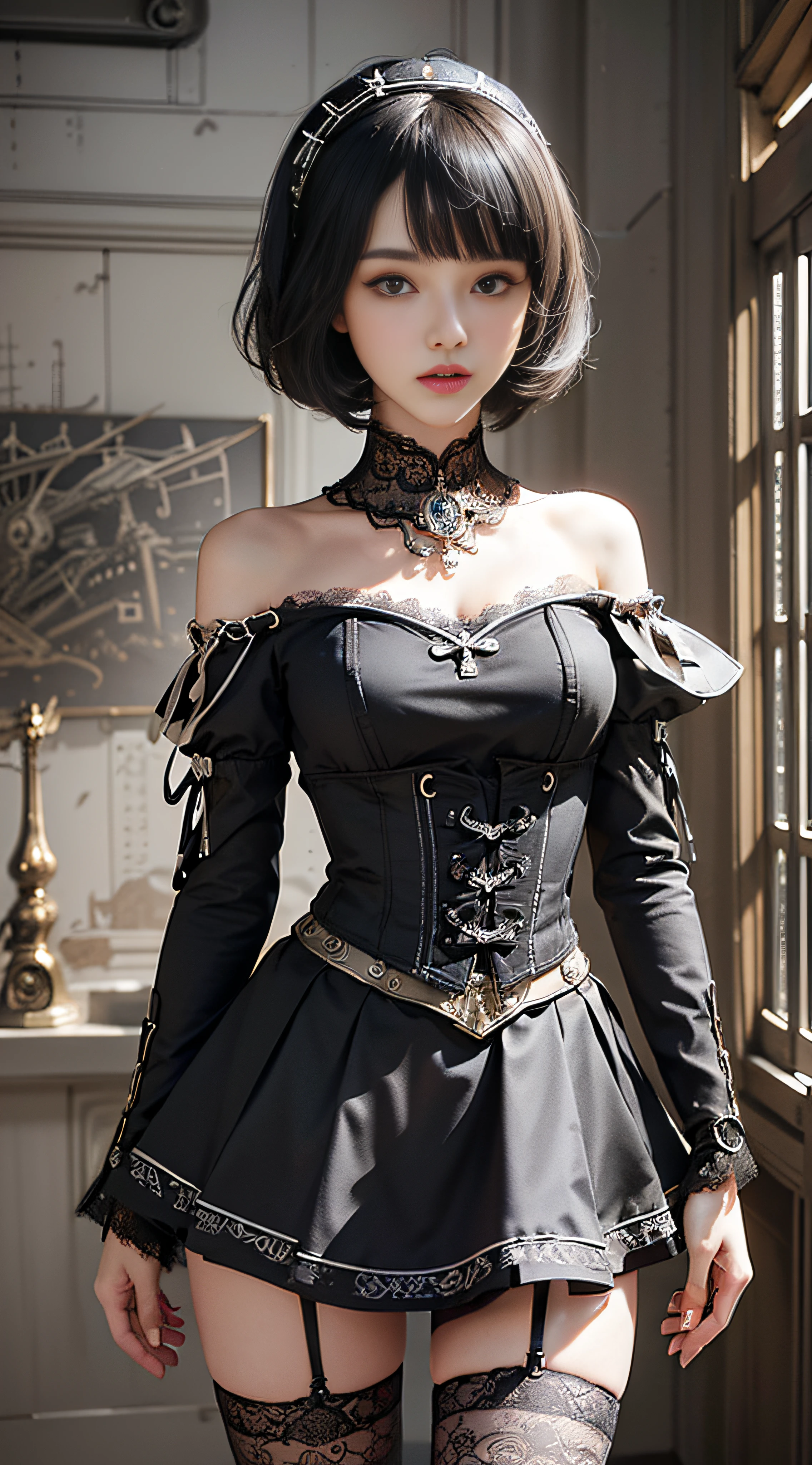 (((Masterpiece, top quality, super detailed))), One female, (((Very Slender body))) , (((Long, thin legs))), (((short black bob, thick puffy bangs ))), (((very detailed face))), cosmetics-free, small thin nose, small thin-lipped mouth, (((very sharp focused eyes))), large slit precision pale grey eyes, sparkling like jewels, Long eyelashes, ((Very decorative intricate mechanical steampunk fashion, Lace Flared mini skirt, Lace stockings above the knee, Lace Off-shoulder ta fashion, Overly decorative fashion)), The night an abandoned, intricately mechanized steampunk factory burns and explodes, (((overall accuracy has improved dramatically, creating a super detailed and realistic image))), Super realistic photo.