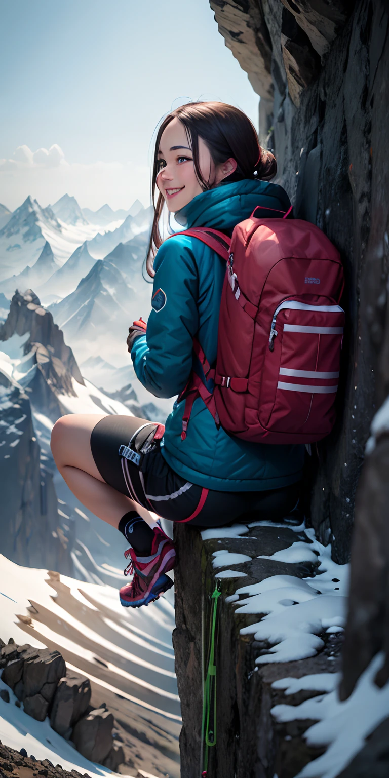 realisticlying、19 year old girl、Face Real Authentic Outdoor Mountaineering Wear、backpack on back、Back view while climbing、sexly、Face smile