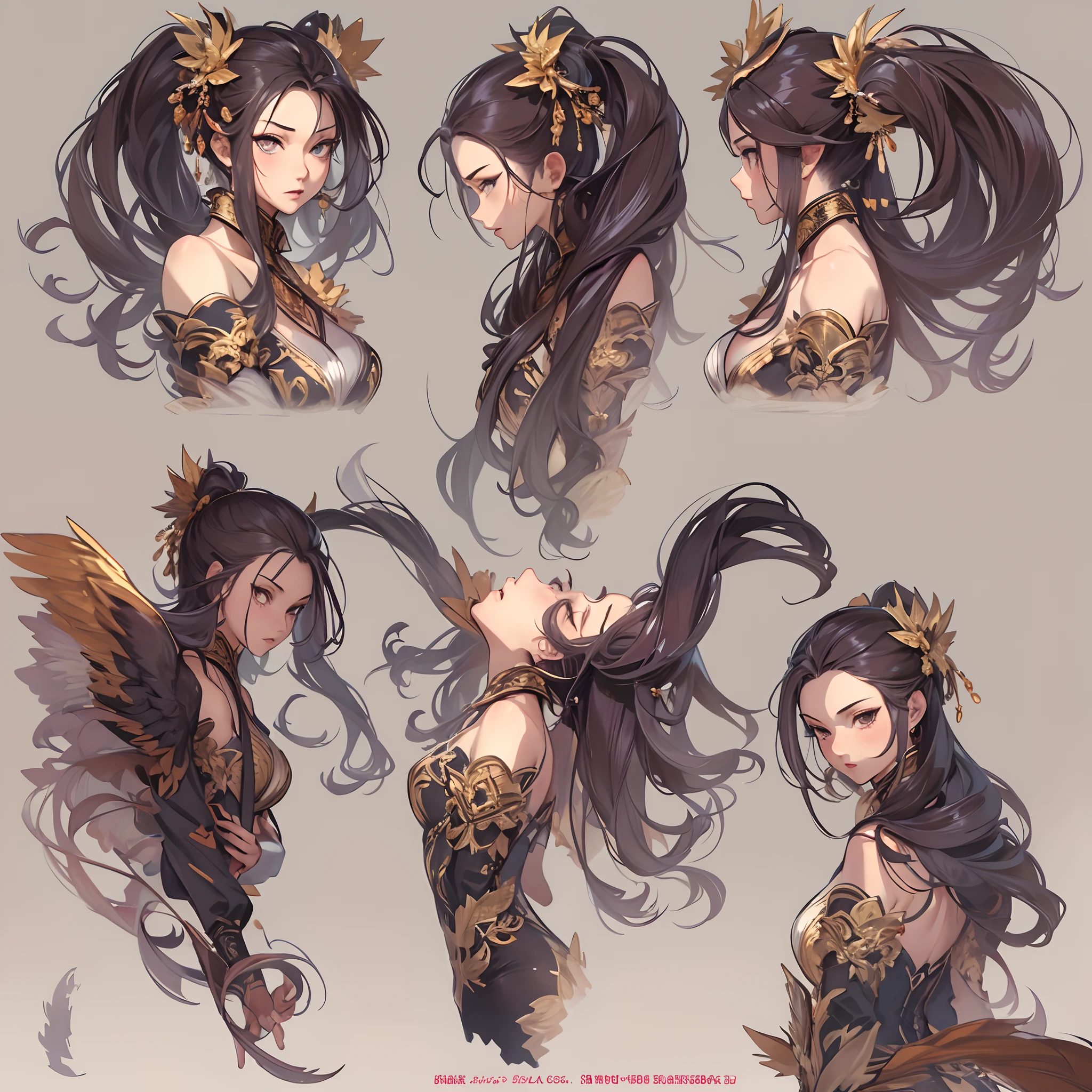 ((Masterpiece, Highest quality)), Detailed face, CharacterDesignSheet， full bodyesbian, Full of details, Multiple poses and expressions, Highly detailed, Depth, Many parts，Martial arts girl，double-ponytail，estilo fantasia，Extremely beautiful，High Balance, Natural light, Lace，lacepantyhose，Phoenix decoration