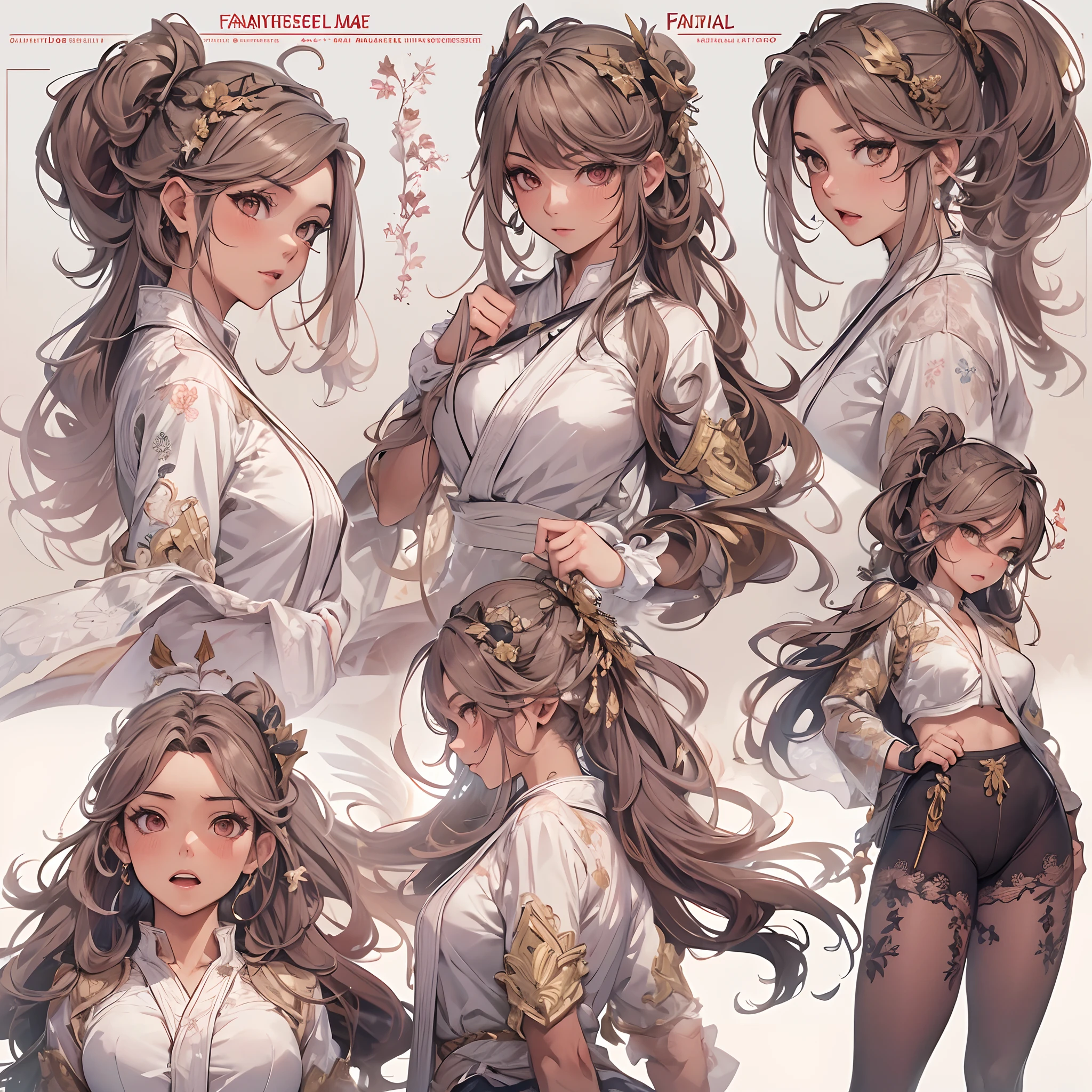 ((Masterpiece, Highest quality)), Detailed face, CharacterDesignSheet, full bodyesbian, Full of details, Multiple poses and expressions, Highly detailed, Depth, Many parts,Martial arts girl,double-ponytail,estilo fantasia,Extremely beautiful,High Balance, Natural light, Lace,lacepantyhose,Phoenix decoration