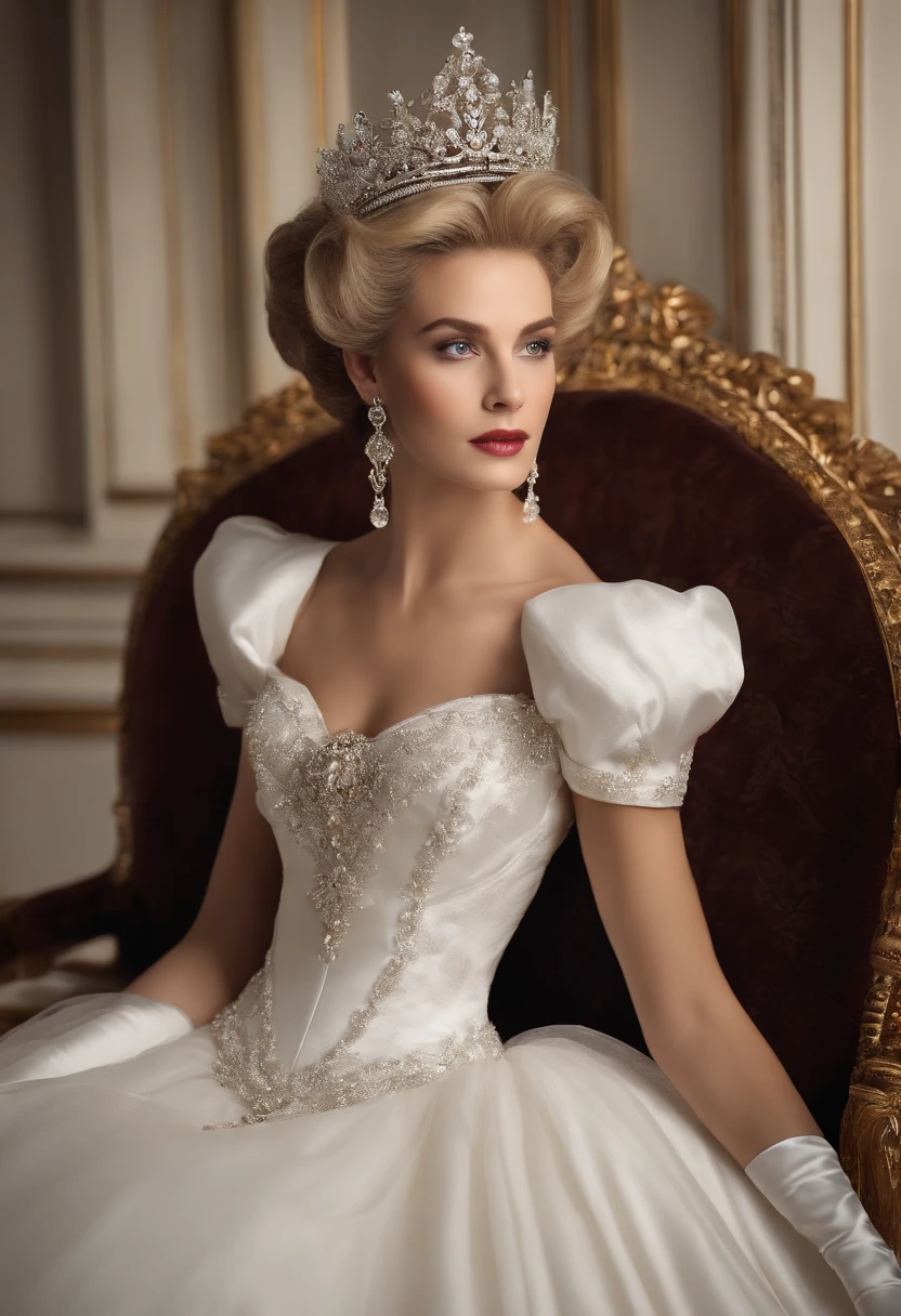 Best quality, Masterpiece, The noble queen wore a stately and delicate royal wedding dress in white satin tulle,Wear extra-long white gloves,Decorated with a huge ribbon bow, Embroidery and jewelry, Hourglass waist and voluminous Crinoline hoop skirt, white long gloves, pearl necklace and earrings, Long, Straight blonde hair