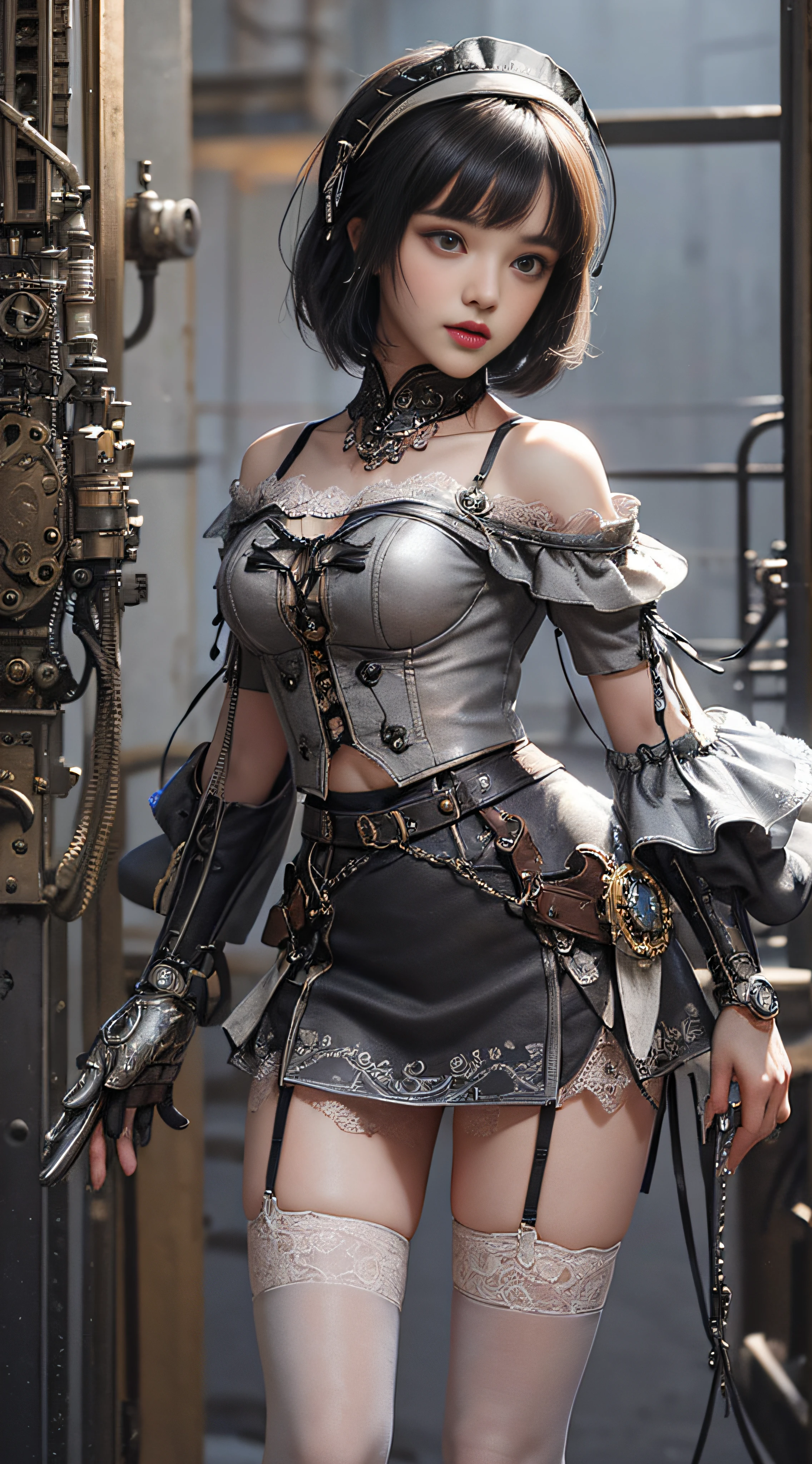 (((Masterpiece, top quality, super detailed))), One female, (((Very Slender body))) , (((Long, thin legs))), (((short black bob, thick puffy bangs ))), (((very detailed face))), cosmetics-free, small thin nose, small thin-lipped mouth, (((very sharp focused eyes))), large slit precision pale grey eyes, sparkling like jewels, Long eyelashes, ((Very decorative intricate mechanical steampunk fashion, Lace Flared mini skirt, Lace stockings above the knee, Lace Off-shoulder ta fashion, Overly decorative fashion)), The night an abandoned, intricately mechanized steampunk factory burns and explodes, (((overall accuracy has improved dramatically, creating a super detailed and realistic image))), Super realistic photo.