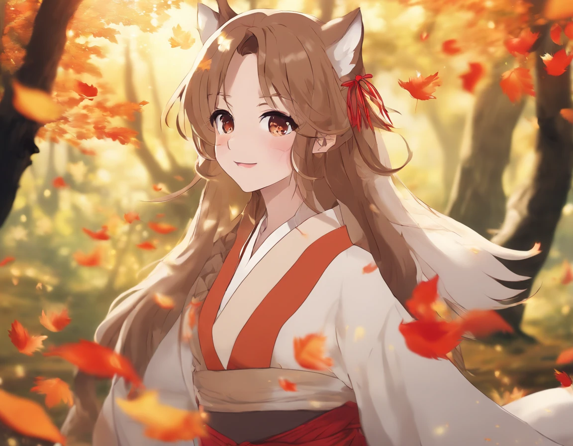 Two-shot photo of a girl and Fox,(Fox with four imaginary tails:1.3),(Yokai Four-Tailed Heavenly Fox Fantasy,),(With a girl bent down deep in the forest and looking up,Fox Yokai Four-Tailed Heavenly Fox Protecting a Girl's Back Two-Shot Movie Poster), (natural soft light.)(Sunlight,),(The sun shines through the trees),(Professional Lighting), (glossy light brown and orange two-tone color,),(Wave Shortcut Hair,disheveled hair,poneyTail),japanese kimono,Geta,Cute round face red lipstick,A cute smile that makes the viewer happy, autumn forest,Strong winds that make dead leaves soar upwards,digital illustration, (Photorealsitic:1.3),(Raw photo.), (masutepiece,top-quality,Ultra-high resolution output image,) (The 8k quality,),(Image Mode Ultra HD,),(Image Mode Ultra HD,),(SeaArt2 Mode.1:1.3,),Japan Anime Fantasy,