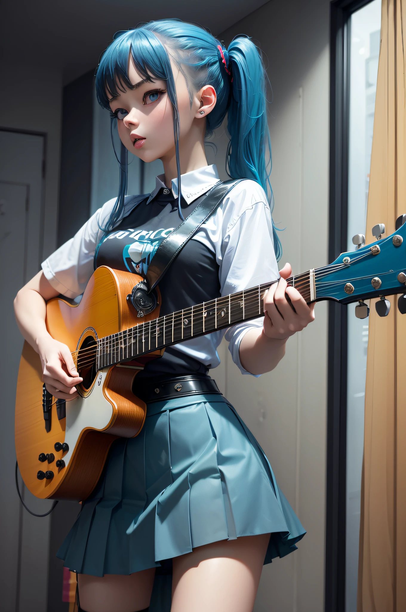 ((masterpiece,best quality))1girl, solo, black skirt, blue eyes, electric guitar, guitar, headphones, holding, holding plectrum, instrument, long hair, , music, one side up, teal hair, twin tails, playing guiter, pleated skirt, black shirt, indoors