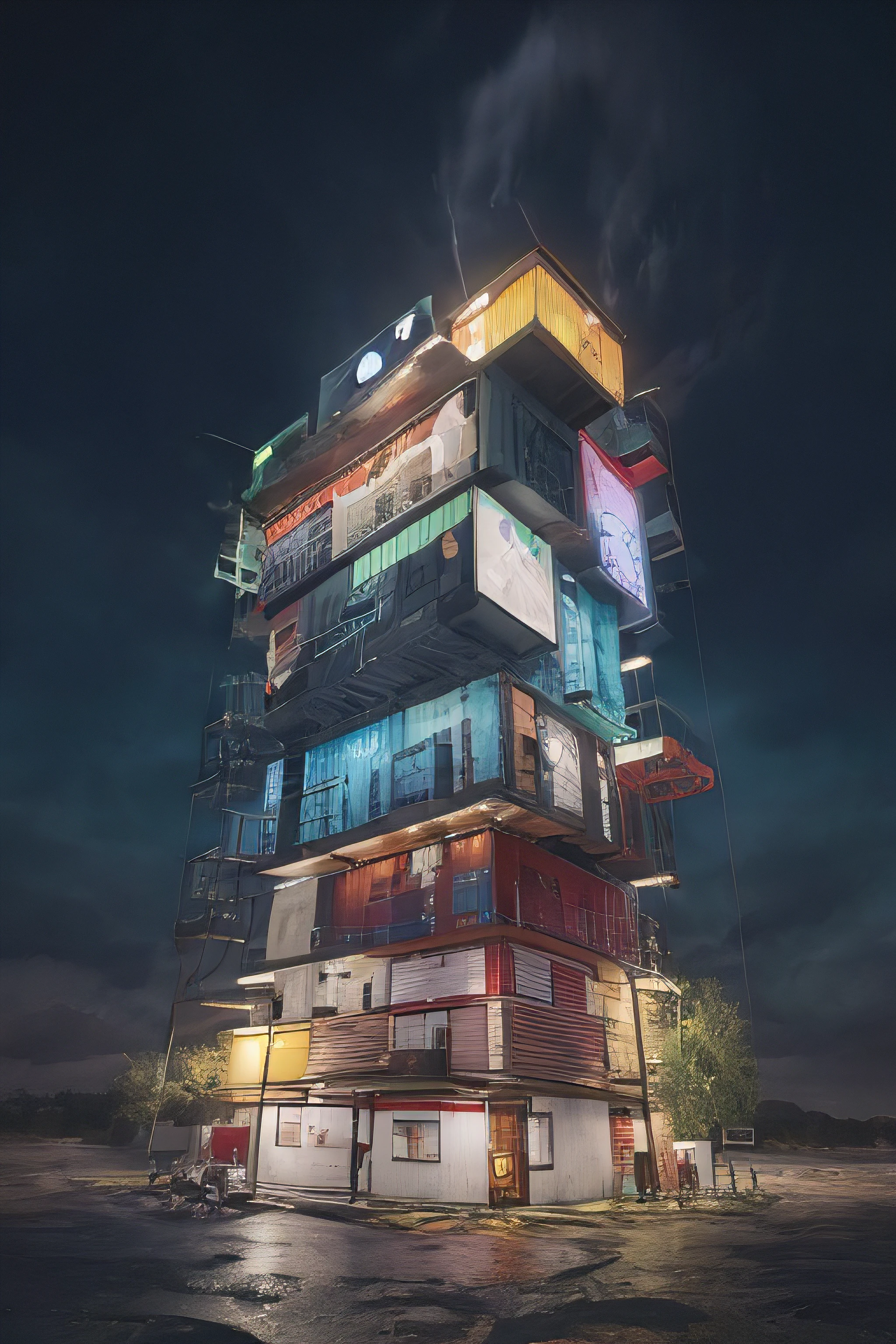 (photo), (best quality), (rainbows:1.2), multicolored Container_building, wasteland in a fantasy world, surreal, rainbow and grey skies, purple ground, blue vegetation, red orbs, night, (cosmic sky), post-apocalyptic world, (tower:1.5), detailed, high resolution, 8k, high saturation