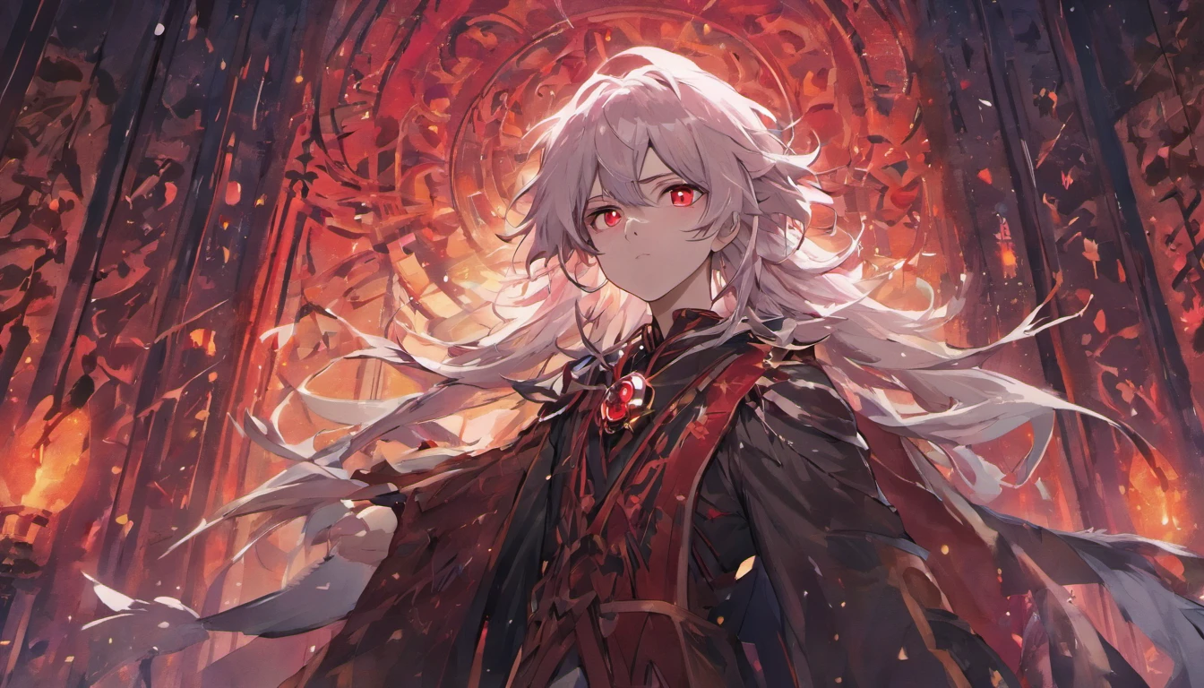 (masterpiece, illustration, anime:1.3), anime boy, Red Eyes, long white hair, in the dark, (classic black attire:1.2), standing inside a temple at night, (messy white hair:1.1), (red eyes emitting red light:1.2), (calm expression:1.1), (uncovered eyes:1.1), (powerful presence:1.2), (mystical atmosphere:1.2), (subtle moonlight:1.1), (intricate temple architecture:1.2), (ominous shadows:1.1), (flowing robes:1.1), (detailed folds and creases:1.1), (intense blue aura:1.2), (symbols of power surrounding him:1.1), (magical energy radiating:1.2), (spellcasting gestures:1.1), (mysterious artifacts:1.1), (ethereal particles:1.1), (dynamic pose:1.2), (epic soundtrack:1.2), (sense of awe:1.1), (magical prowess:1.1)
