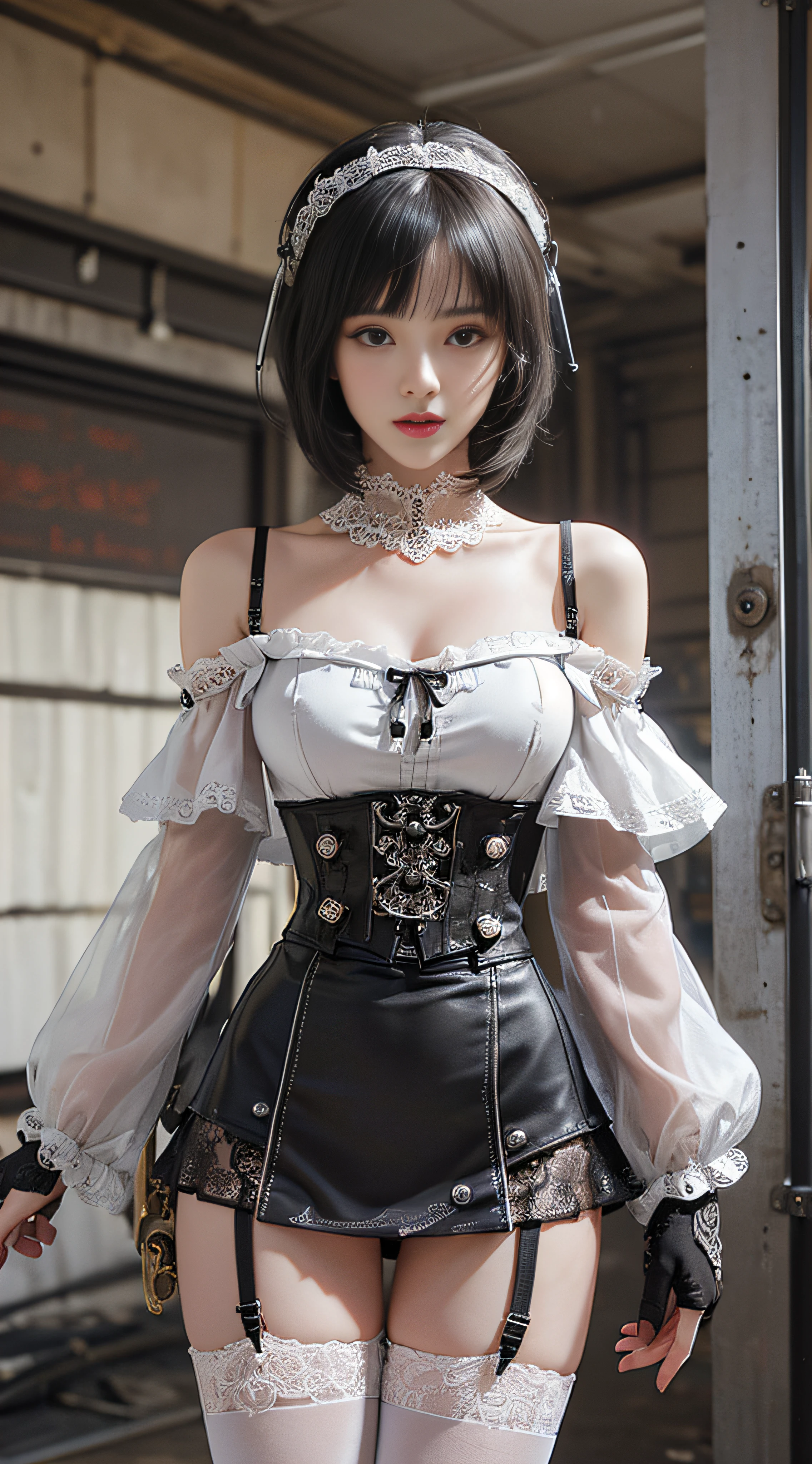 (((Masterpiece, top quality, super detailed))), One female, (((Very Slender body))) , (((Long, thin legs))), (((short black bob, thick puffy bangs ))), (((very detailed face))), cosmetics-free, small thin nose, small thin-lipped mouth, (((very sharp focused eyes))), large slit precision pale grey eyes, sparkling like jewels, Long eyelashes, ((Very decorative intricate mechanical steampunk fashion, Lace Flared mini skirt, Lace stockings above the knee, Lace Off-shoulder ta fashion, Overly decorative fashion)), The night an abandoned, intricately mechanized steampunk factory burns and explodes, (((overall accuracy has improved dramatically, creating a super detailed and realistic image))),  Super realistic photo.