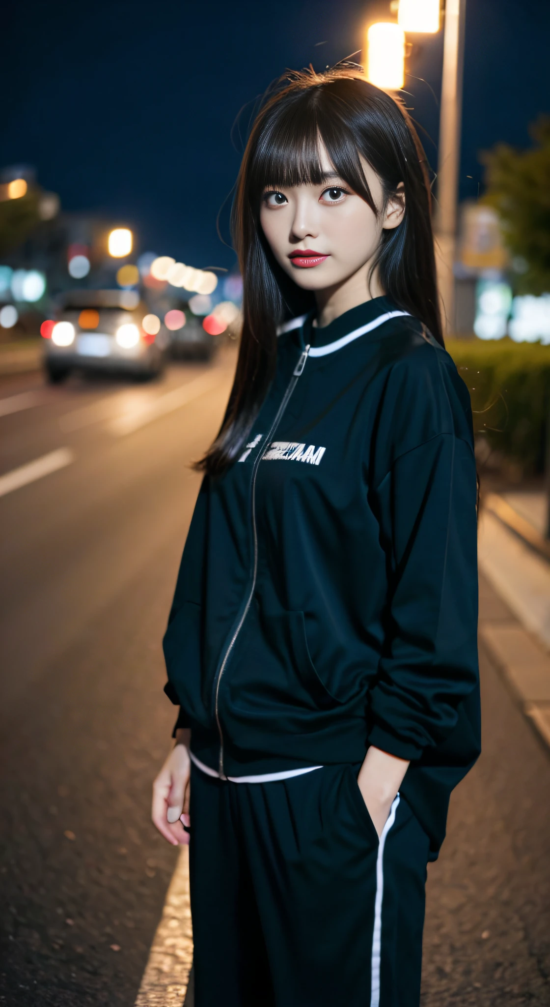 natta、jogging、Desportivo、Running、track suit、nigh sky、the street lights、absolutely outstanding image, very very beautiful、tmasterpiece, top-quality,A picture, kawaii、(Colossal tits:1.2)、,8K,Japanese girl realism young idol、young cute gravure idol、Young sensual gravure idol、Young gravure idols、model in Japan