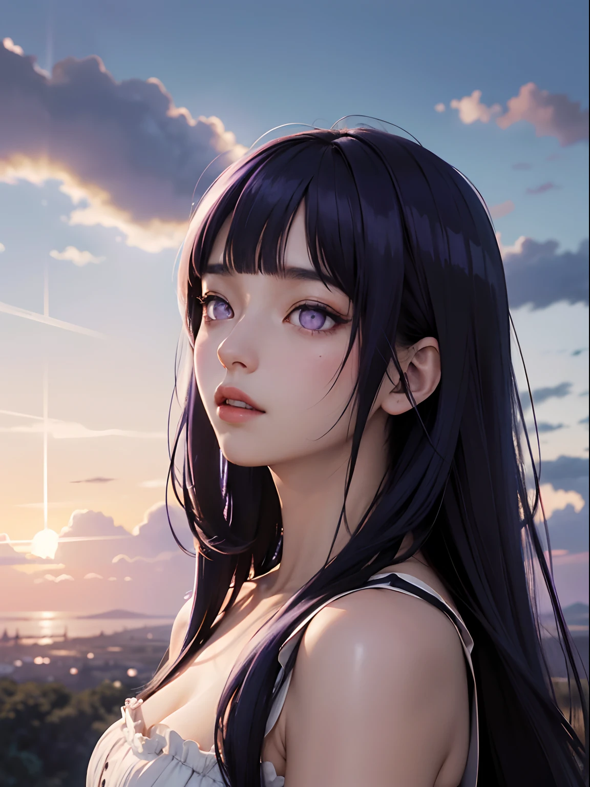 absurdres, highres, (official art, beautiful and aesthetic:1.2), close view,
shining sky, vast world, girl, gazing, awe-inspiring expression, distant horizon, clouds, high hill, natural beauty, inspiration, light effects,Blunt Bangs, purple eyes, long dark blue hair