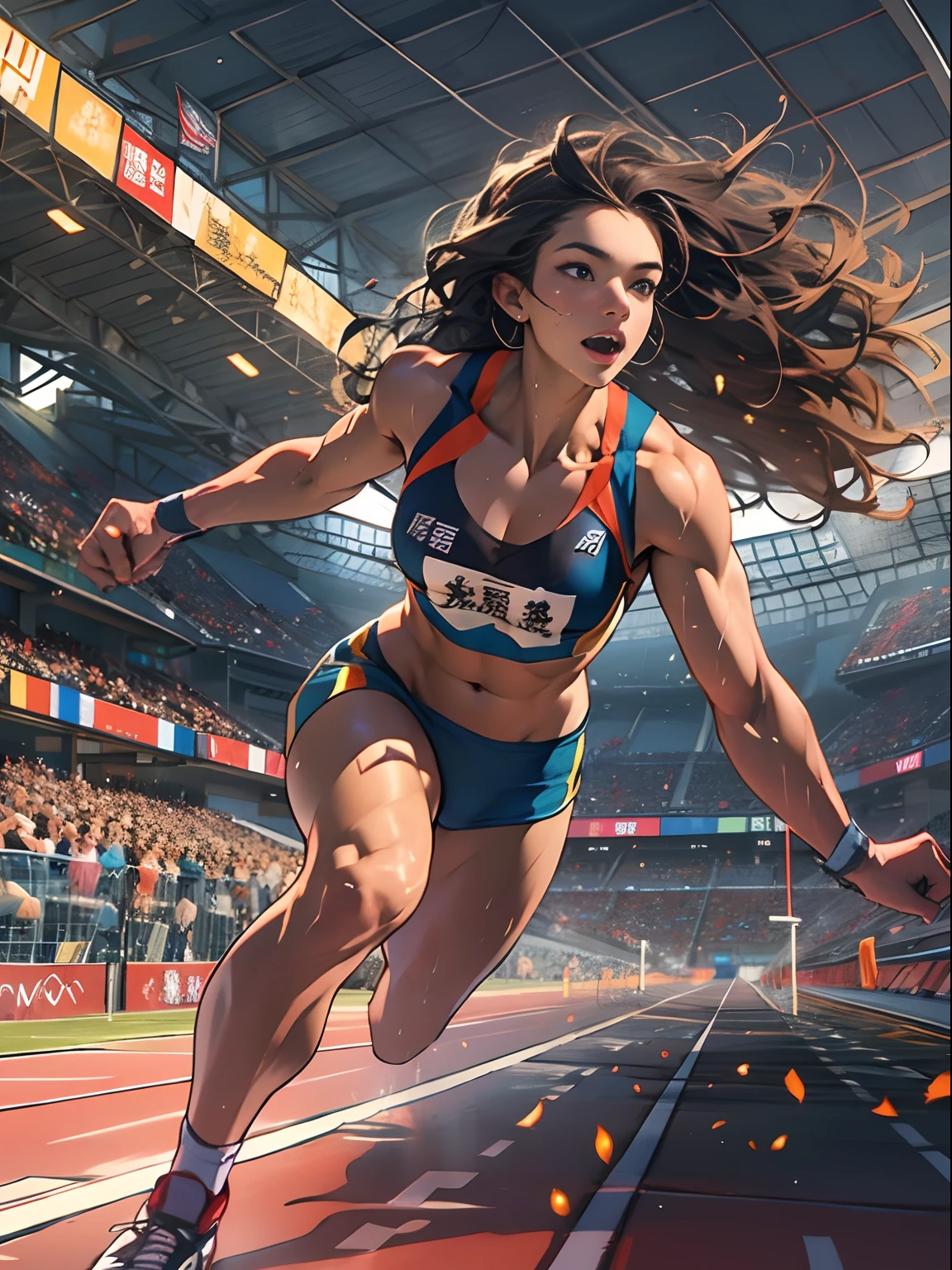 Strong female athlete, Wear high-end sportswear，Long flowing curly hair, Detailed muscle physique, Lifelike depiction, Sprint to the finish line，drenched all over the body，4K 分辨率. The stadium was packed with cheering crowds,detailedbackground，32k ULTRAHD, Best quality, Masterpiece, Super detail, High details