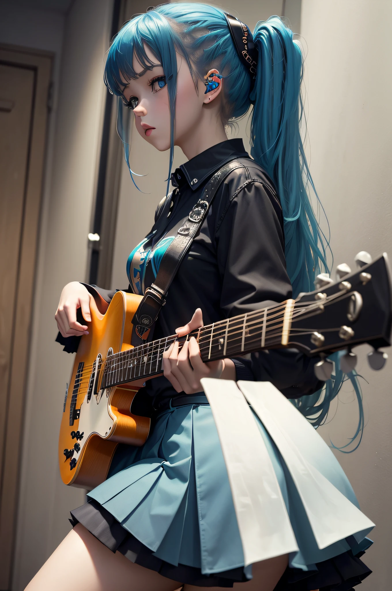 ((masterpiece,best quality))1girl, solo, black skirt, blue eyes, electric guitar, guitar, headphones, holding, holding plectrum, instrument, long hair, , music, one side up, teal hair, twin tails, playing guiter, pleated skirt, black shirt, indoors