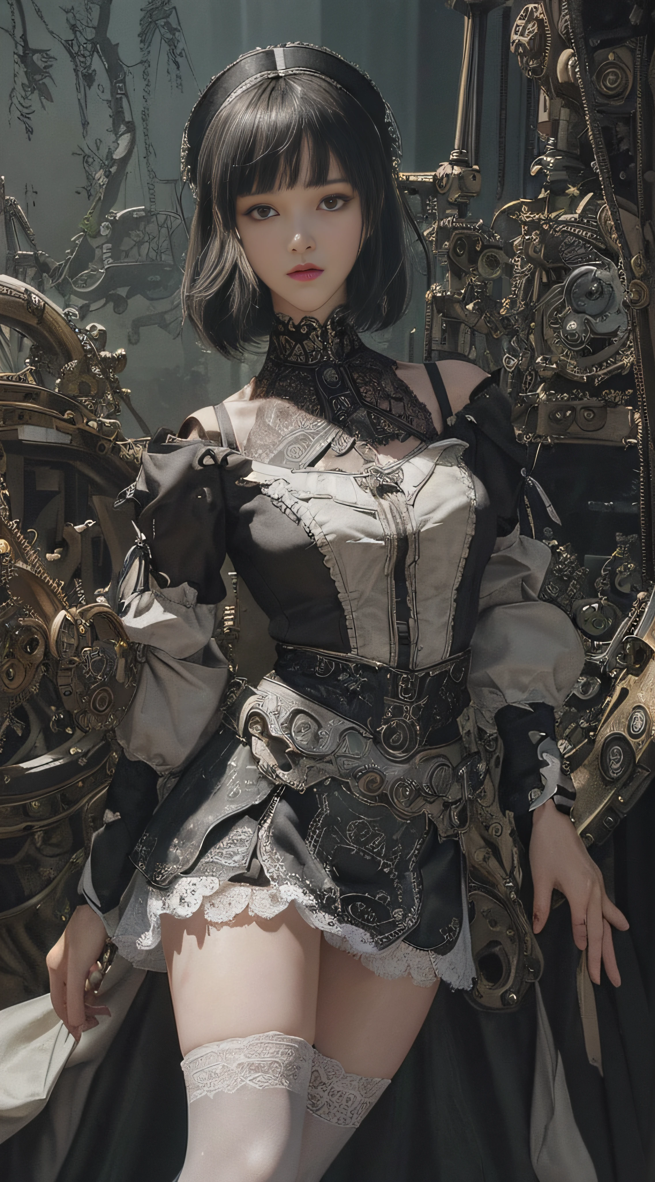 (((Masterpiece, top quality, super detailed))), One female, (((Very Slender body))) , (((Long, thin legs))), (((short black bob, thick puffy bangs ))), (((very detailed face))), cosmetics-free, small thin nose, small thin-lipped mouth, (((very sharp focused eyes))), large slit precision pale grey eyes, sparkling like jewels, Long eyelashes, ((Very decorative intricate mechanical steampunk fashion, Lace Flared mini skirt, Lace stockings above the knee, Lace Off-shoulder ta fashion, Overly decorative fashion)), The night an abandoned, intricately mechanized steampunk factory burns and explodes, (((overall accuracy has improved dramatically, creating a super detailed and realistic image))),  Super realistic photo.