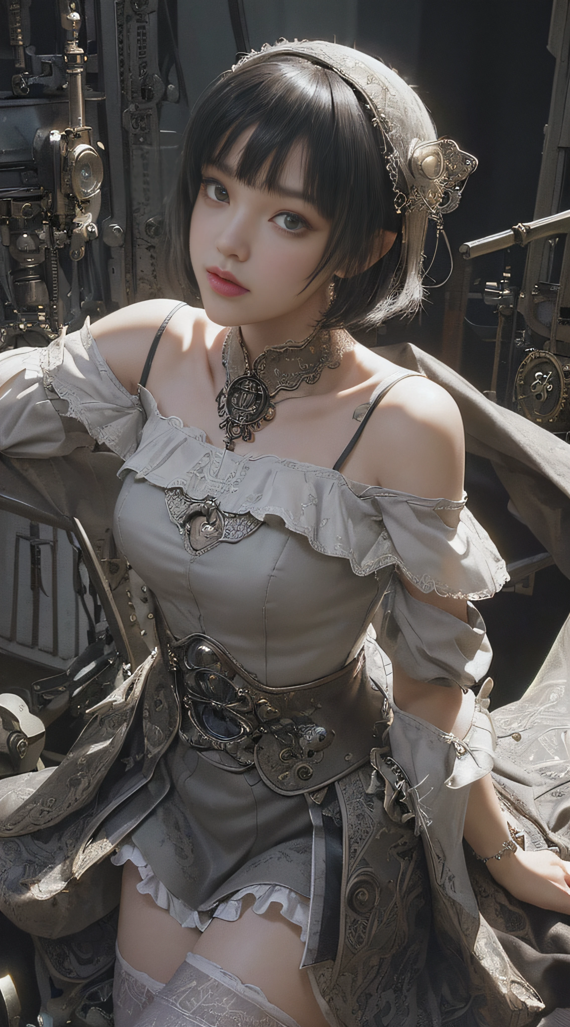 (((Masterpiece, top quality, super detailed))), One female, (((Very Slender body))) , (((Long, thin legs))), (((short black bob, thick puffy bangs ))), (((very detailed face))), cosmetics-free, small thin nose, small thin-lipped mouth, (((very sharp focused eyes))), large slit precision pale grey eyes, sparkling like jewels, Long eyelashes, ((Very decorative intricate mechanical steampunk fashion, Lace Flared mini skirt, Lace stockings above the knee, Lace Off-shoulder ta fashion, Overly decorative fashion)), The night an abandoned, intricately mechanized steampunk factory burns and explodes, (((overall accuracy has improved dramatically, creating a super detailed and realistic image))), Super realistic photo.