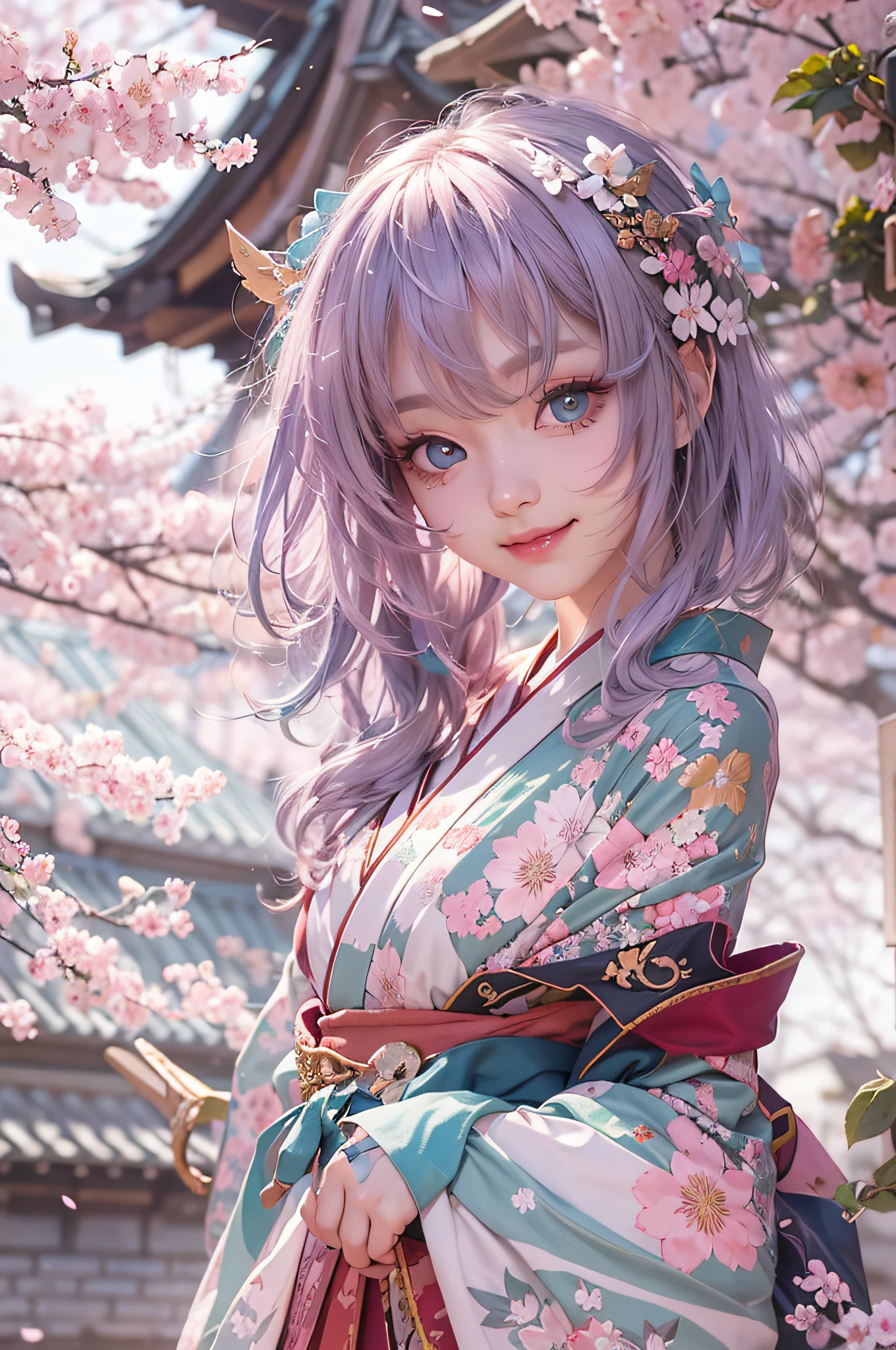 , Wearing kimono armor, Anime Cosplay, , ornate cosplay,The background is a castle and cherry blossoms.、Polished RAW photos、Big eyes、Transparent eyes、 Beautiful makeup、long eyeslashes、A smile、Smile、、Solo Photography、beatiful detailed eyes、vertical stripes imagem 4k 超A high resolution、Overall view、