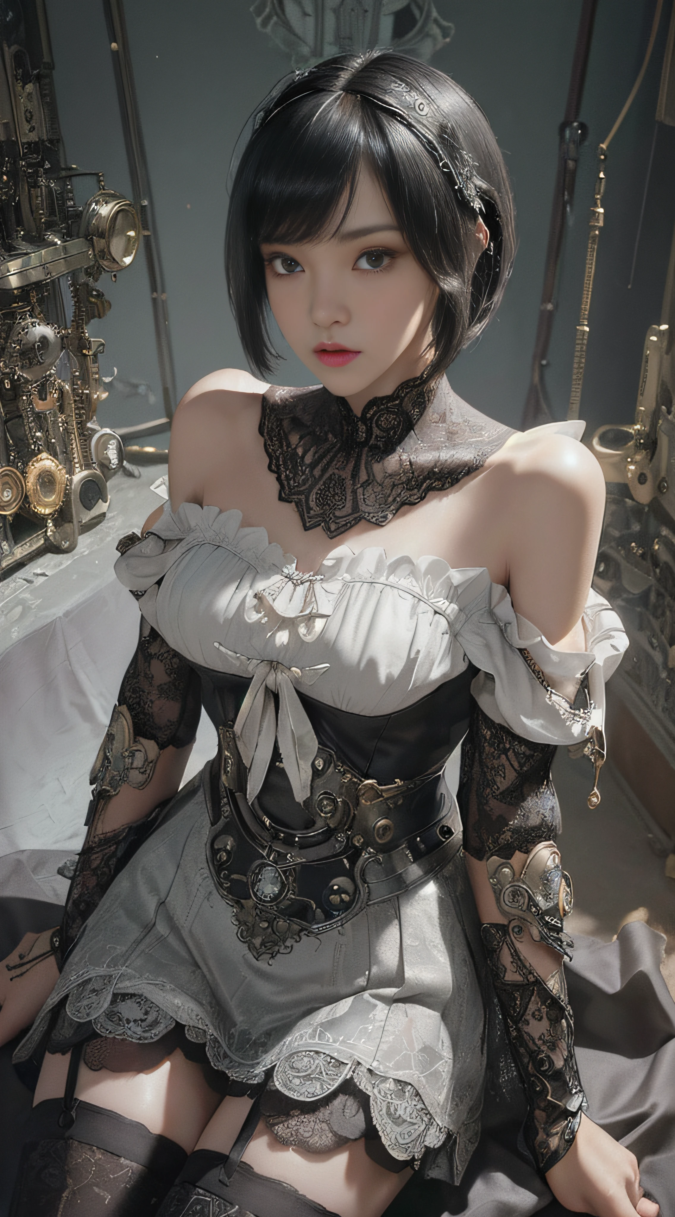 (((Masterpiece, top quality, super detailed))), One female, (((Very Slender body))) , (((Long, thin legs))), (((short black bob, thick puffy bangs ))), (((very detailed face))), cosmetics-free, small thin nose, small thin-lipped mouth, (((very sharp focused eyes))), large slit precision pale grey eyes, sparkling like jewels, Long eyelashes, ((Very decorative intricate mechanical steampunk fashion, Lace Flared mini skirt, Lace stockings above the knee, Lace Off-shoulder ta fashion, Overly decorative fashion)), The night an abandoned, intricately mechanized steampunk factory burns and explodes, (((overall accuracy has improved dramatically, creating a super detailed and realistic image))), Super realistic photo.