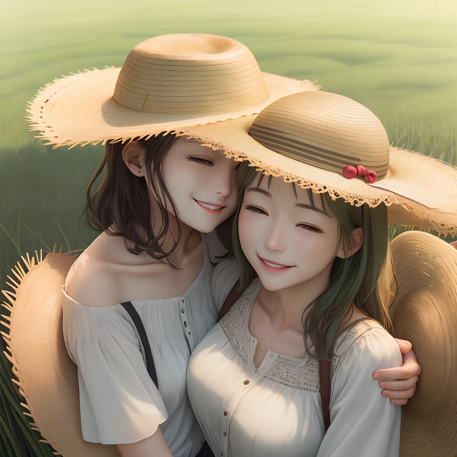 Adult man in straw hat、Adult woman hugging girl、orchard、a smile、green grass、looking at the viewers、8K、Refreshing image、Light muffled、