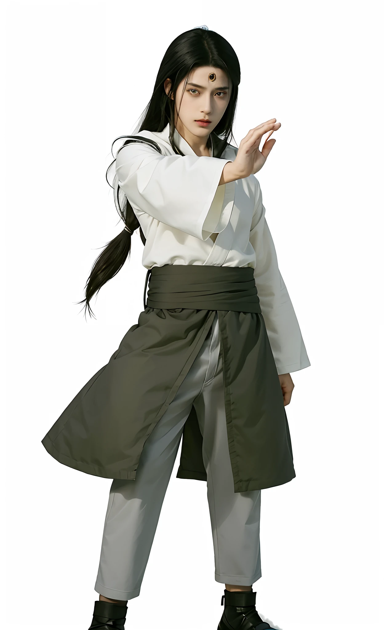 1male, hyuga neji in anime naruto shippuden, long hair , black hair, white eyes, handsome, white clothes, realistic clothes, detail clothes, beach city background, ultra detail, realistic